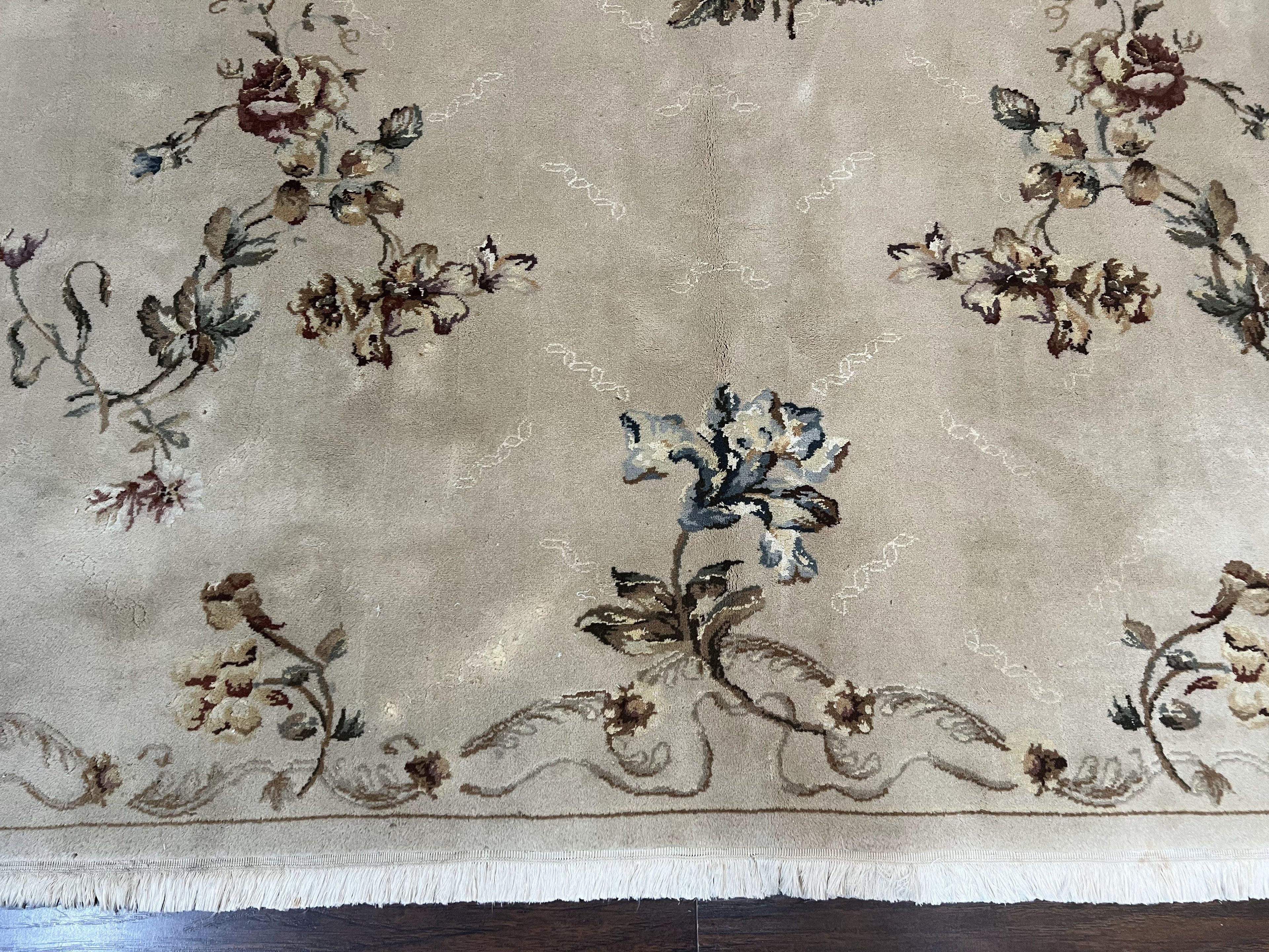 Chinese 120 Line Rug 8x10, Chinese Aubusson Wool & Silk Highlights Handmade Vintage Carpet, Beige Fine Weave Rug, Floral European Design