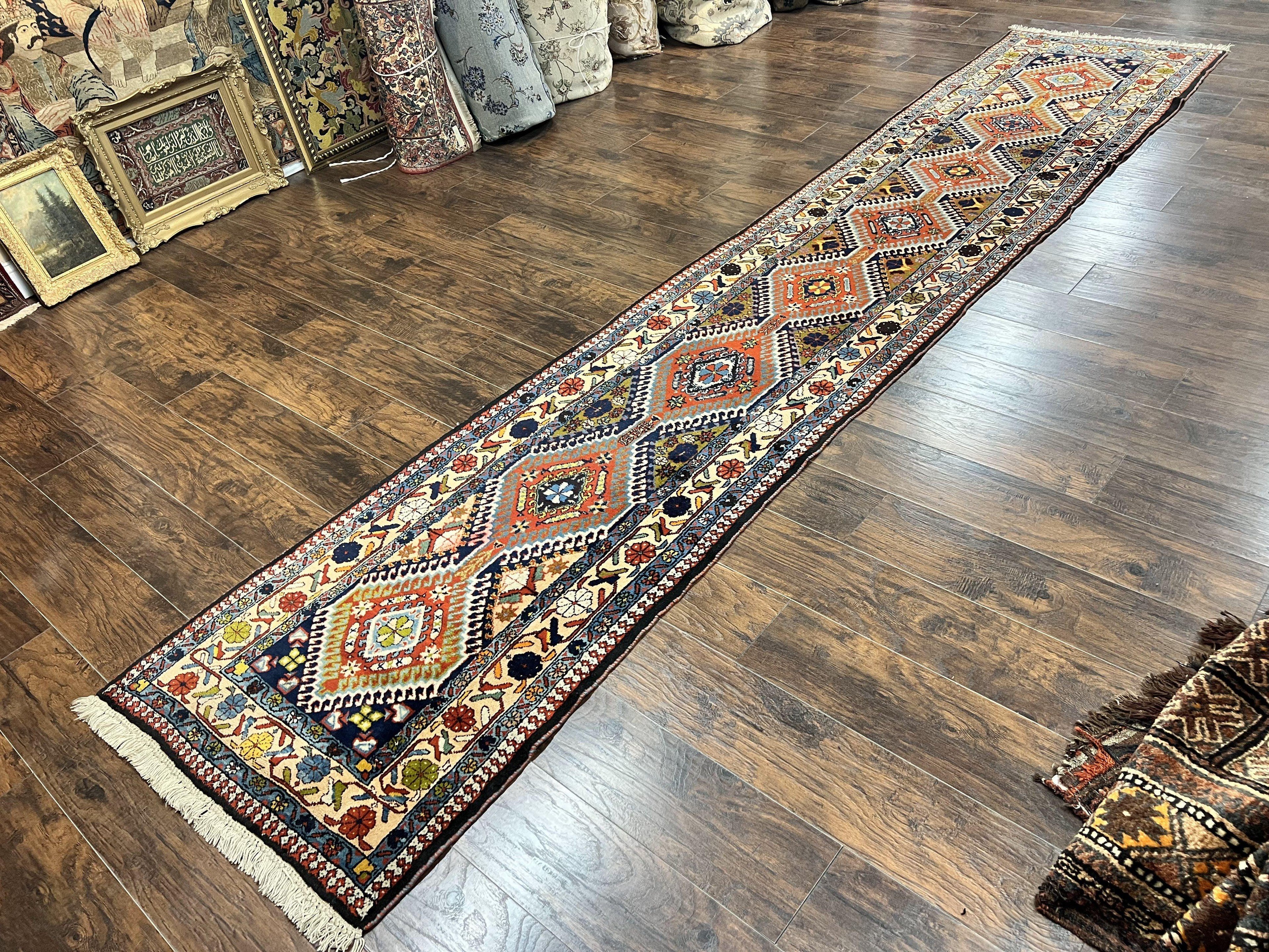 Persian Tribal Runner Rug 2.9 x 14, Colorful Rare Antique Persian Shiraz Yalameh Geometric Carpet for Hallway, 14ft Runner, Handmade, Wool, Red