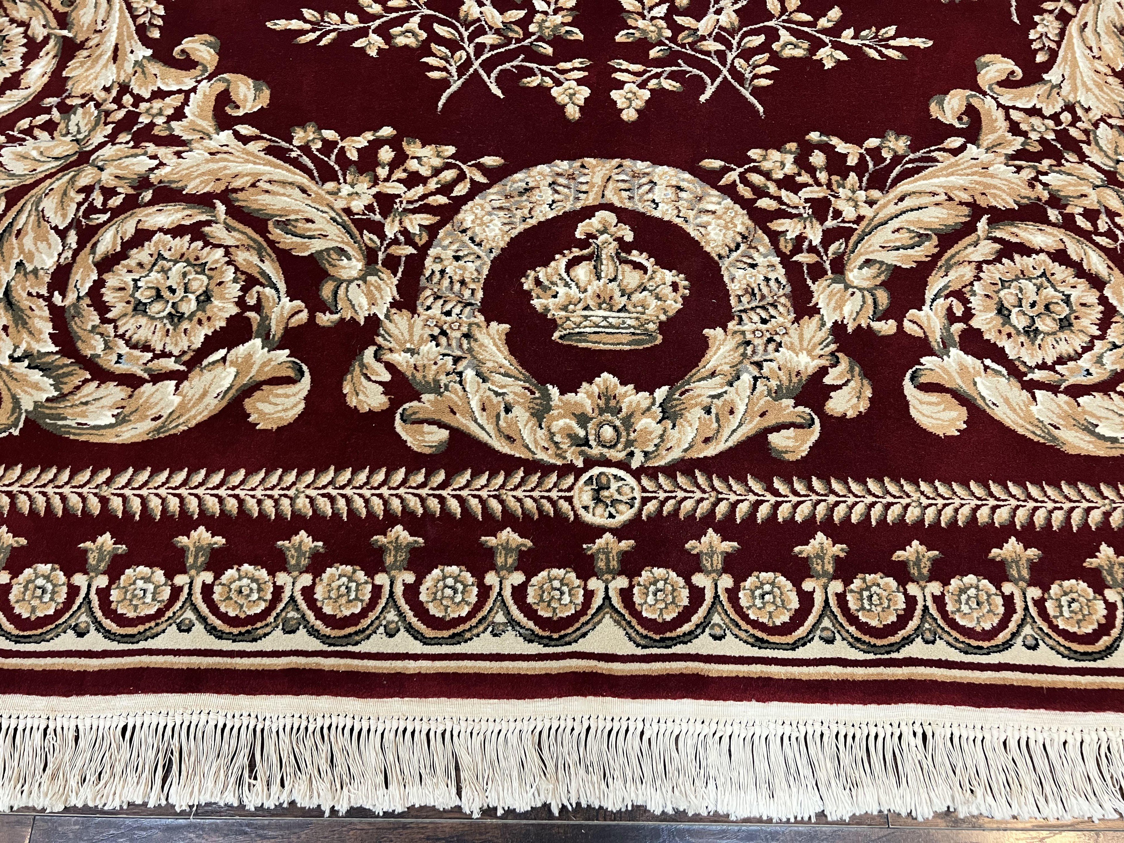 Aubusson Rug 9x12, Wool Handmade Carpet, Elegant French European Design, Dark Maroon Red, 9 x 12 Room Sized Rug, Finely Hand Knotted