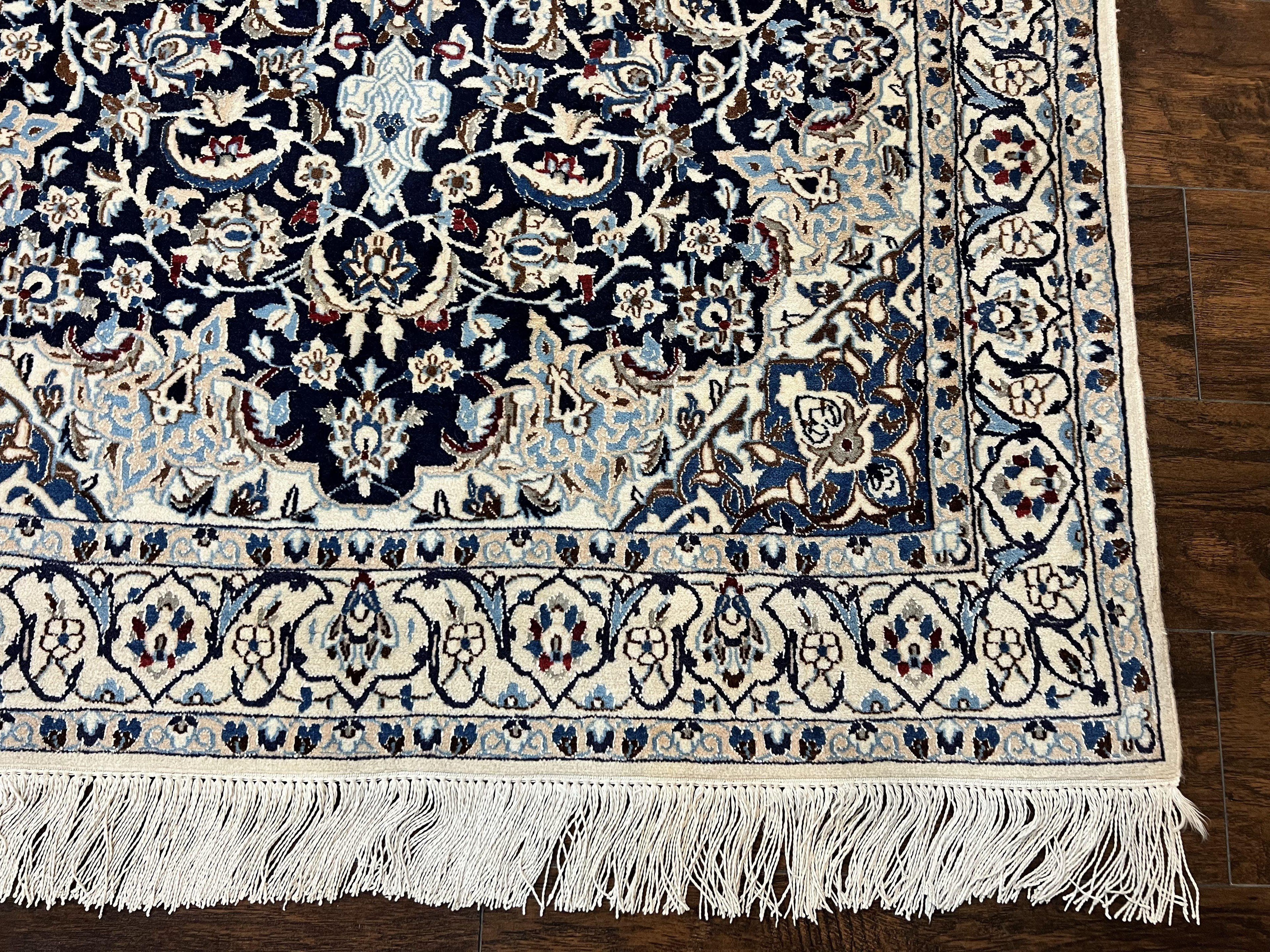Persian Nain Rug 4x6, Floral, Hand Knotted Vintage Wool & Silk Highlights, Signature from Masterweaver, Navy Blue and Ivory