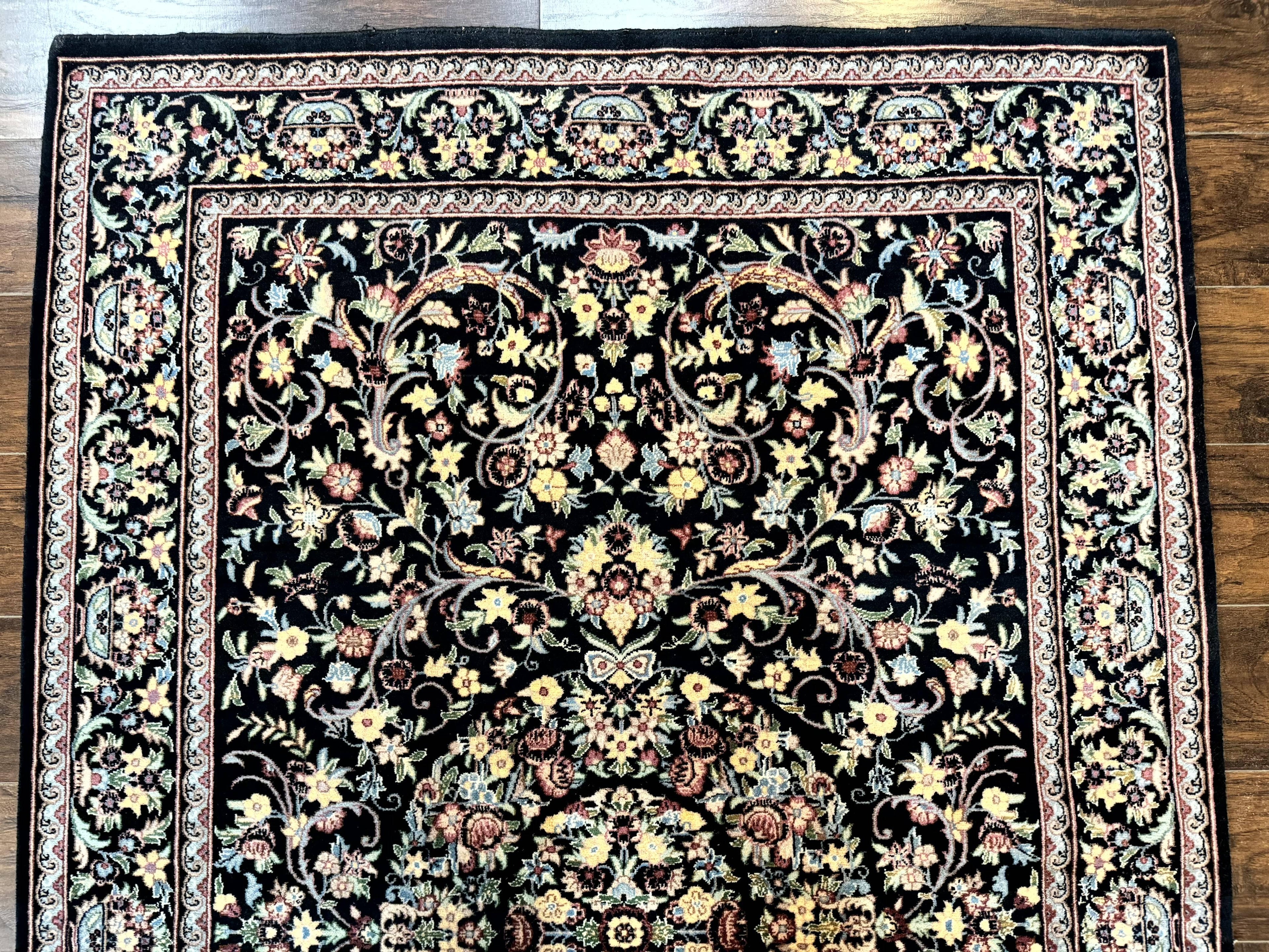 Pak Persian Rug 5x7, Floral, Colorful, Handmade Vintage Wool Rug, Finely Hand Knotted 225 KPSI, Black