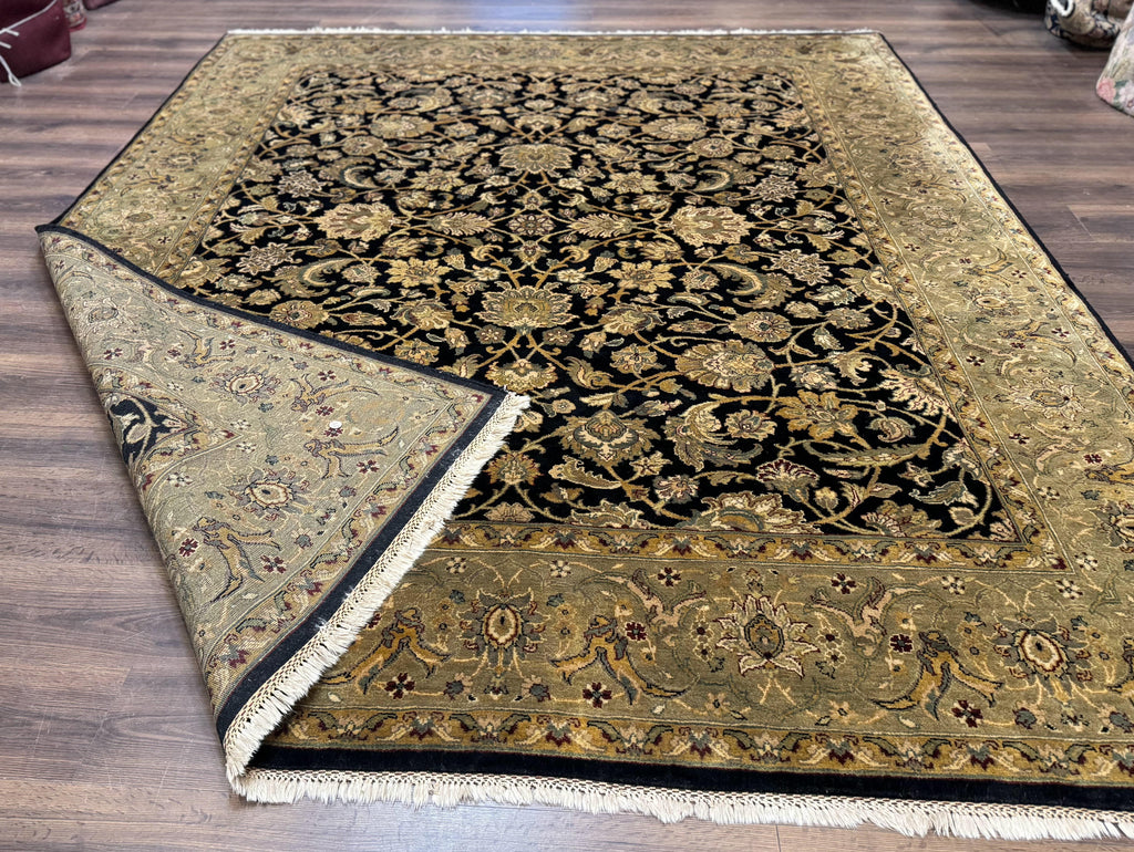 Indo Persian Rug 8x10, Black and Green, Wool, Handmade, Traditional, Floral Allover, Vintage