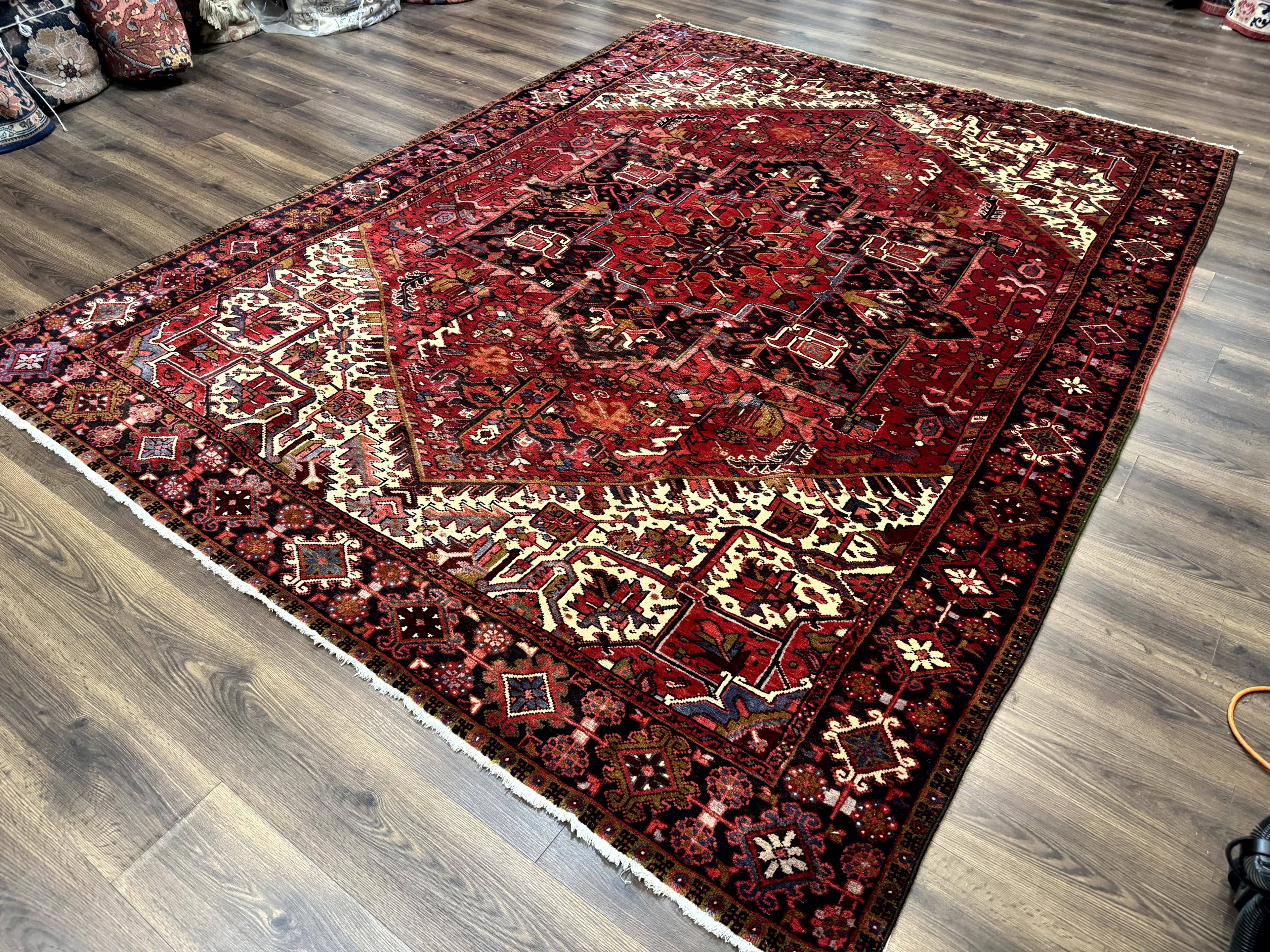 Persian Heriz Rug 8x11, Geometric Design, Red & Cream