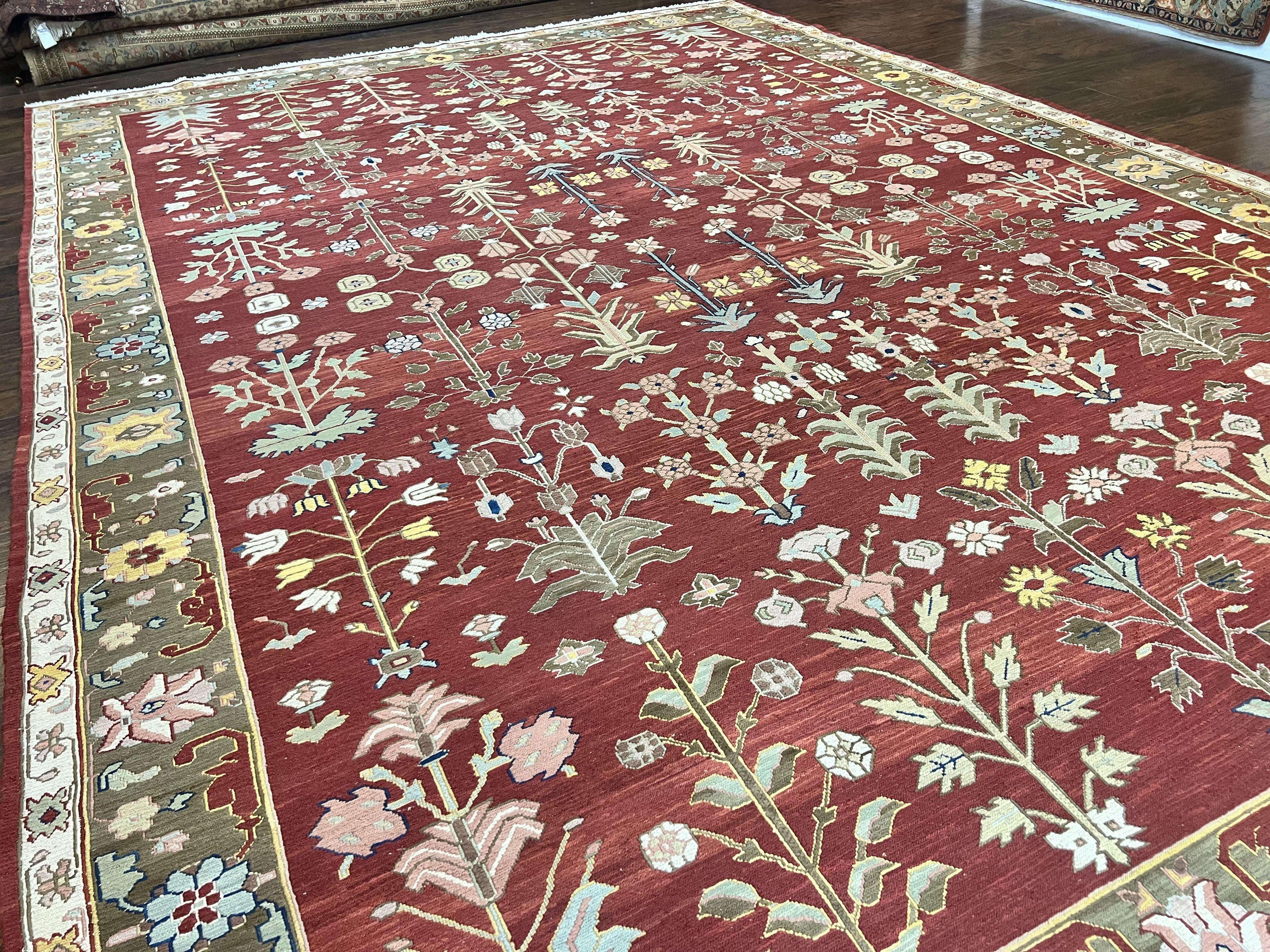 Indian Rug 10x14, Wool Hand Knotted Flatweave Carpet, Tree of Life, Red and Green