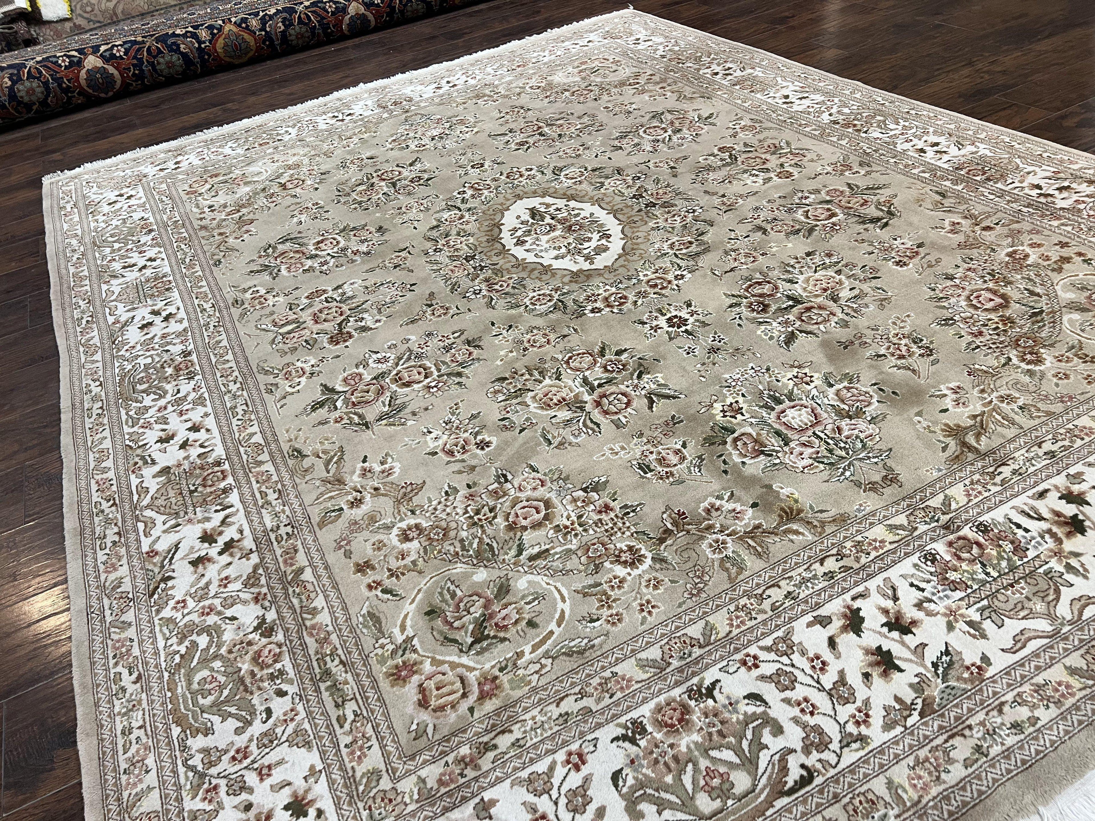 Sino Persian Rug 8x10, Soft Wool, Silk Highlights, Hand Knotted Vintage Carpet, Taupe & Ivory, Floral, Traditional Rug 8 x 10