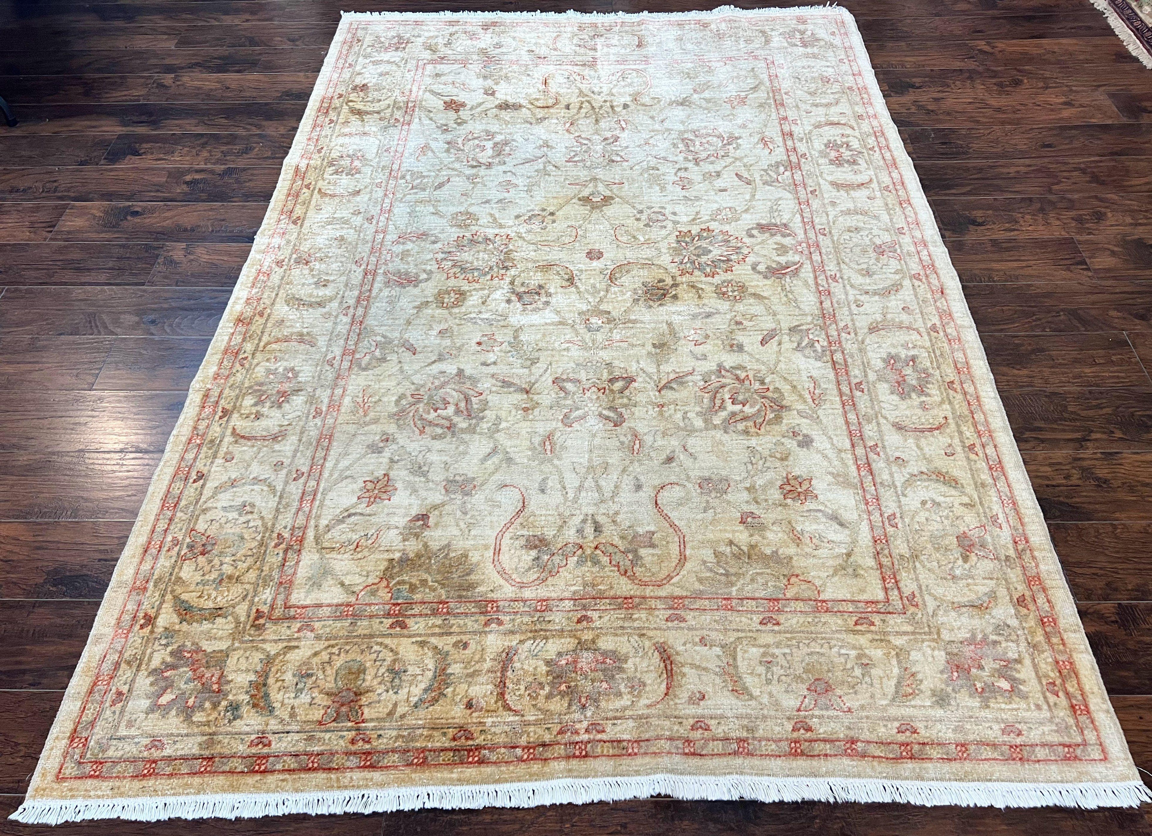 Peshawar Rug 6 x 9.6, Pakistani Chobi Carpet, Neutral Colors, Vintage Rug for Modern Home, Handmade Wool Rug, Beige