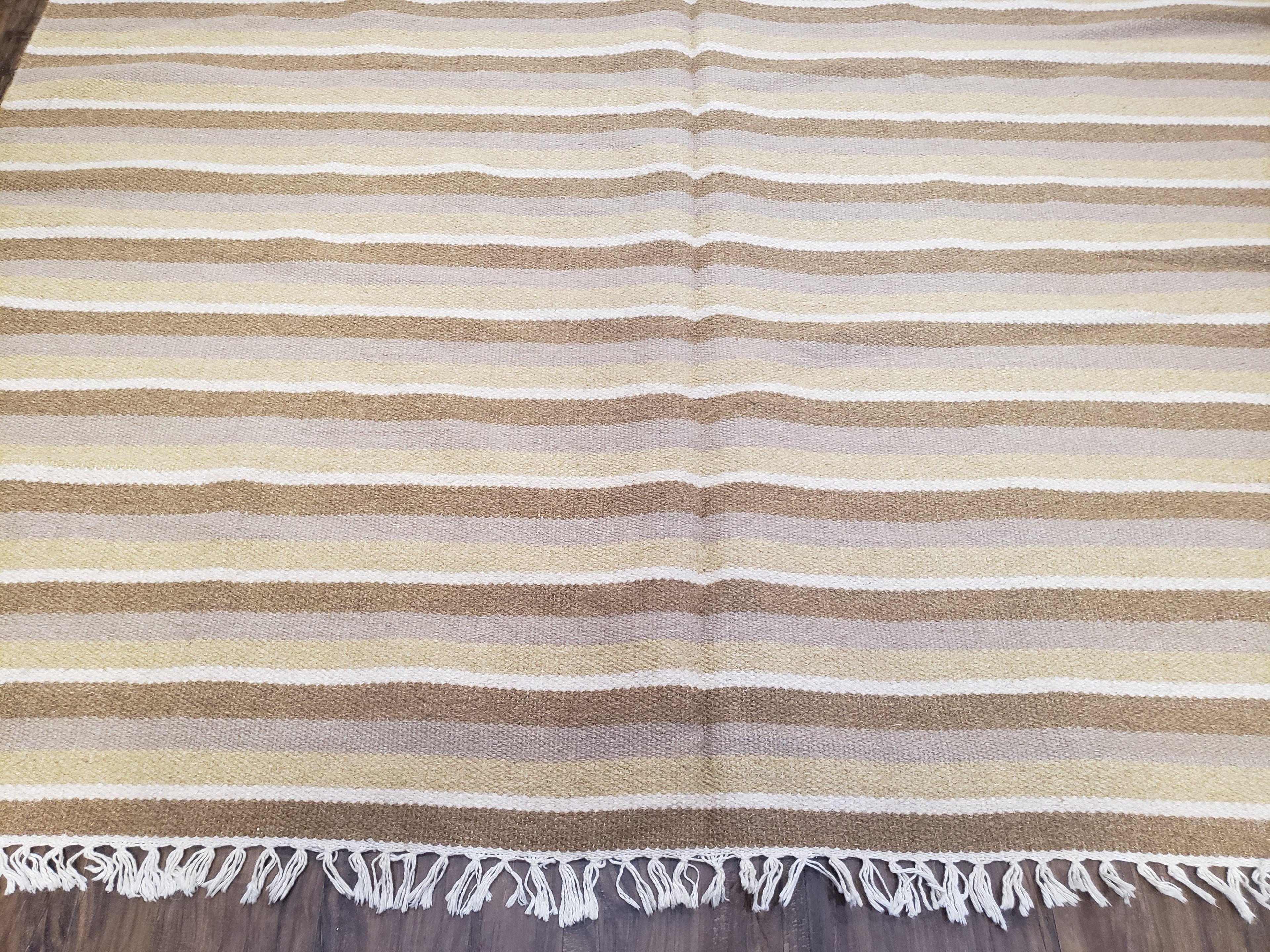 New Indian Striped Blanket, Multicolor Earthern Tones Kilim Rug, Wool Handmade South American Style Blanket, Queen Sized Bedspread 5x8 - 6x8