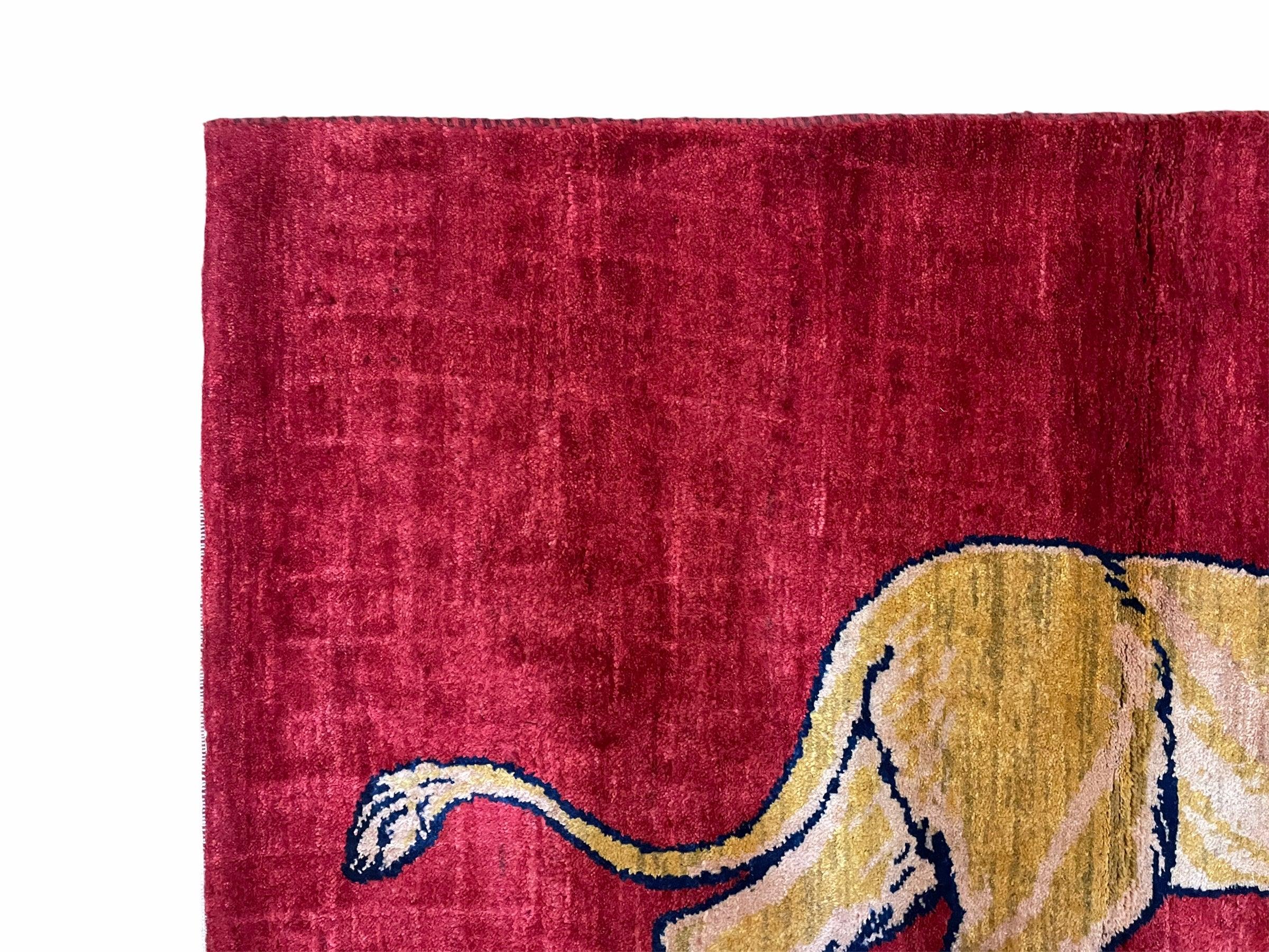 3 X 5 Handmade Hand-Knotted Rug Quality Wool Pictorial Lion Red Organic Dyes