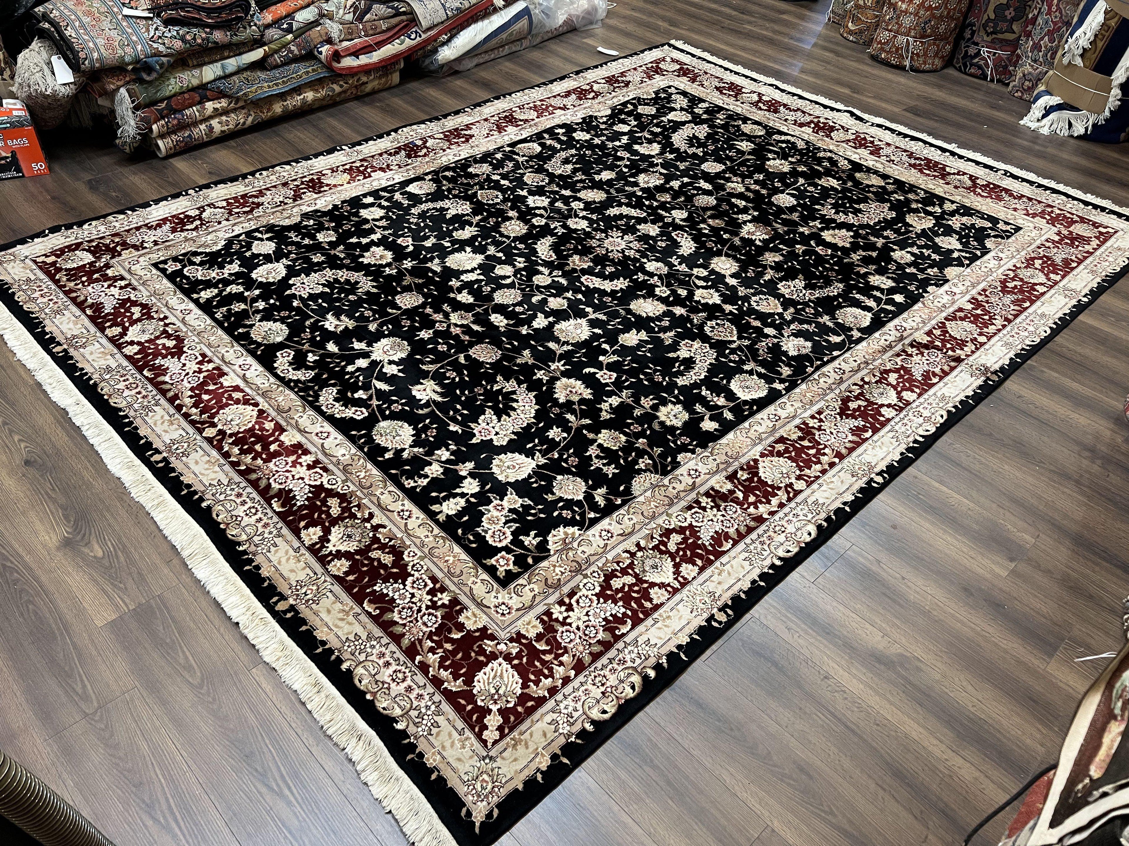 Sino Persian Rug 9x12, High Quality Oriental Carpet, Black and Maroon, Wool and Silk, Allover Floral Pattern, Hand Knotted, Vintage Rug Nice