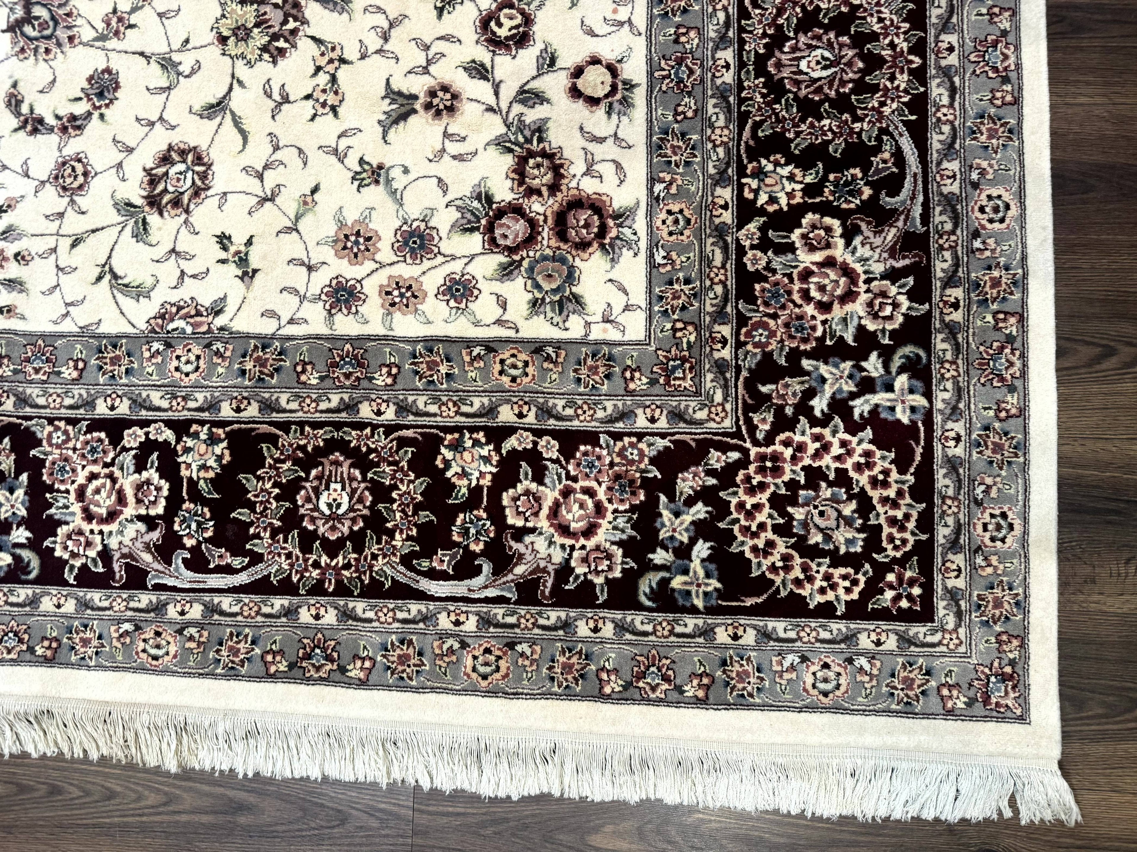 Sino Persian Rug 9x12, Floral Allover Design, 170 KPSI, Ivory and Dark Maroon