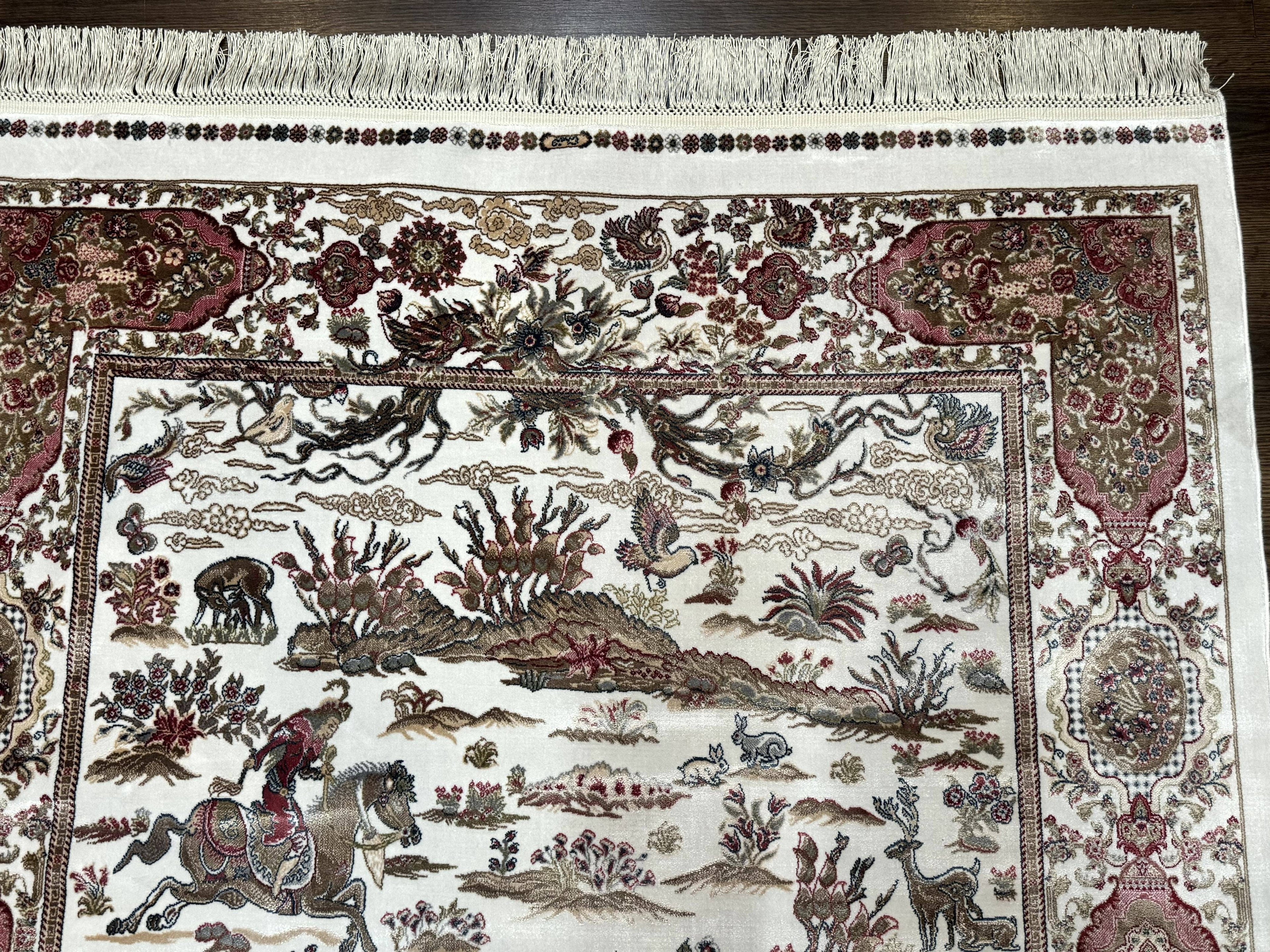 Turkish Silk Hunting Scene Rug 4x6, Ivory, Bamboo Silk, New