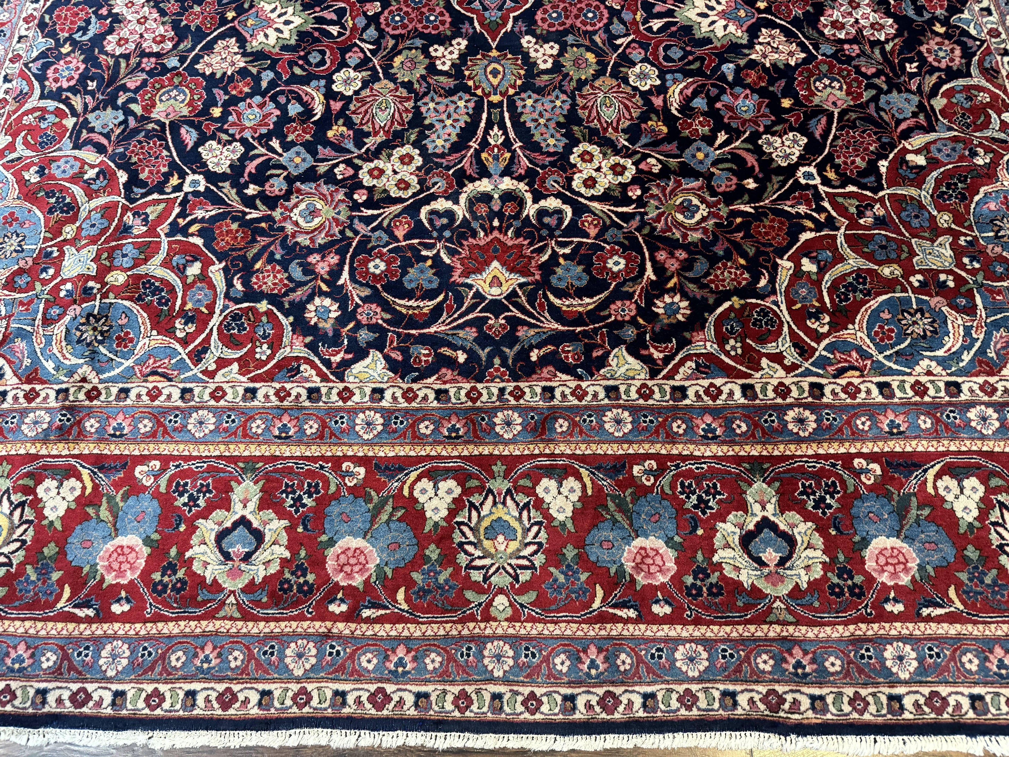 Navy Blue Persian Rug 9x12, Antique Persian Carpet, Kork Wool, 200 KPSI, Persian Kashan Rug