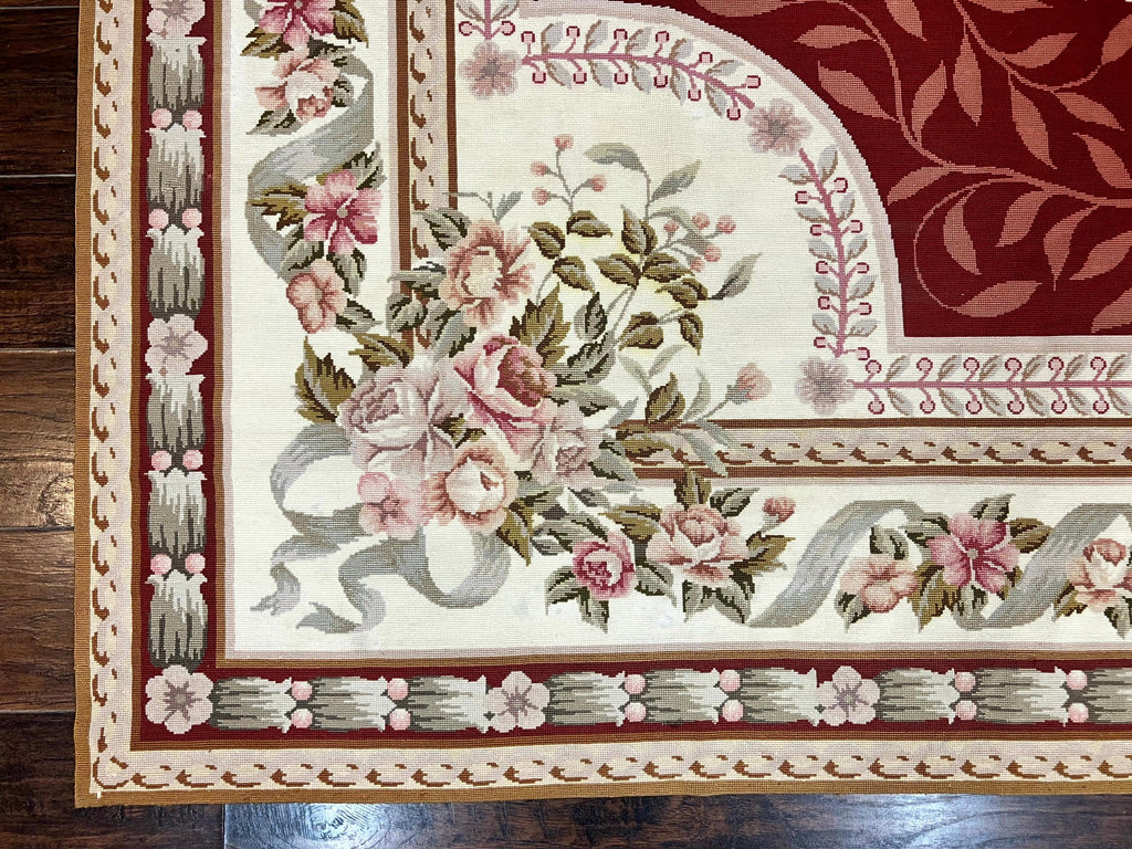 Wonderful Aubusson Rug 9x12, Handmade Vintage Needlepoint Carpet, Red and Ivory, Elegant European Design, Wool