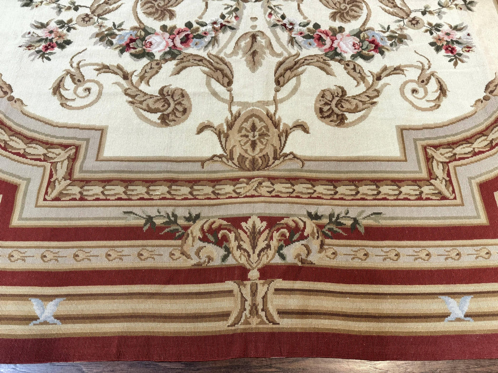 Aubusson Needlepoint Rug 9x11, Handmade Vintage Wool Flatweave Carpet, Elegant European Rug, Floral, Cream