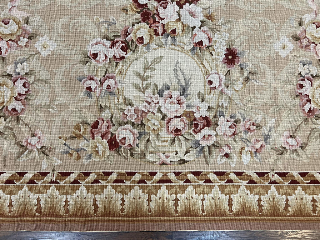 Aubusson Rug 9x12, Elegant Savonnerie Carpet 9 x 12 ft, Beige Ivory Tan, Floral, Flatweave Wool Handmade Area Rug 9 x 12 ft, European French