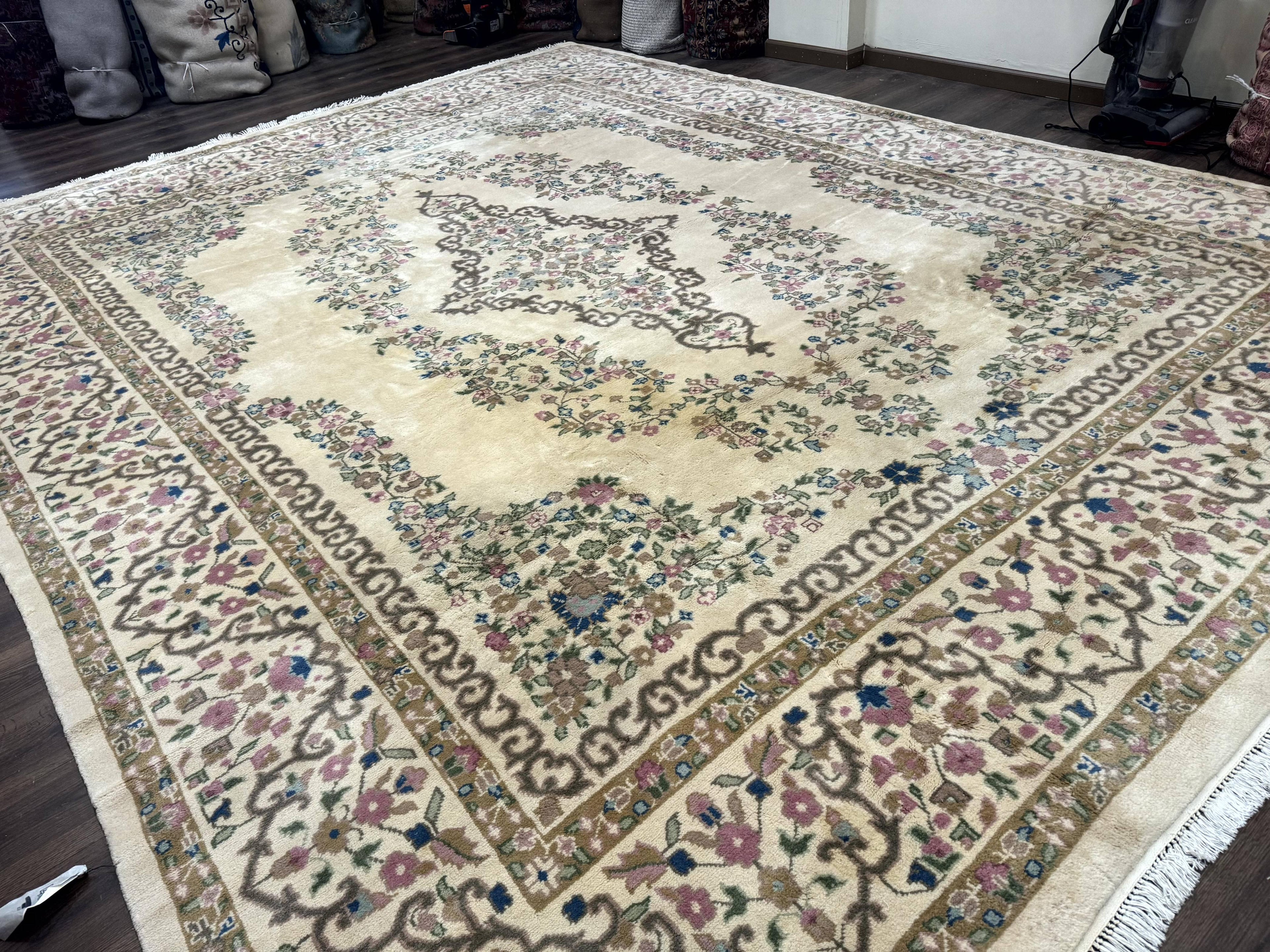 Indo Persian Rug 12x15, Palace Sized Carpet, Oversized Wool Handmade Rug, Kerman Rug, Semi Open Field, Pande Cameron Rug, Beige