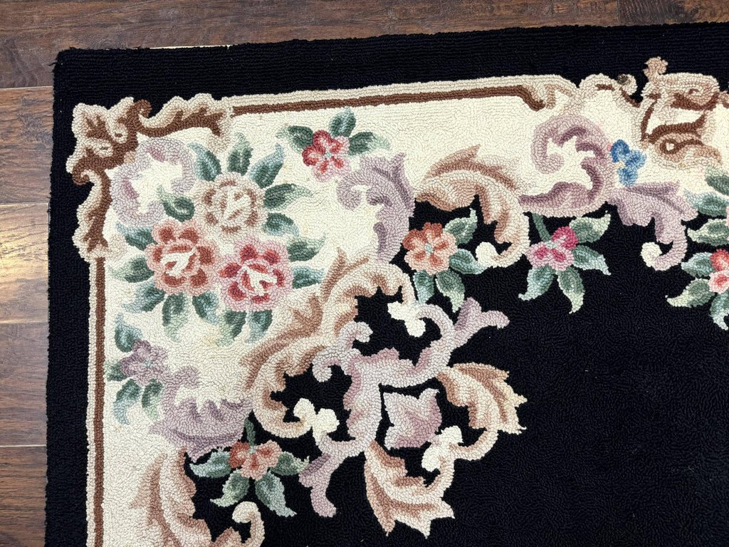 Aubusson Rug 8x11, Black and Ivory, Hooked Rug, Vintage, Wool