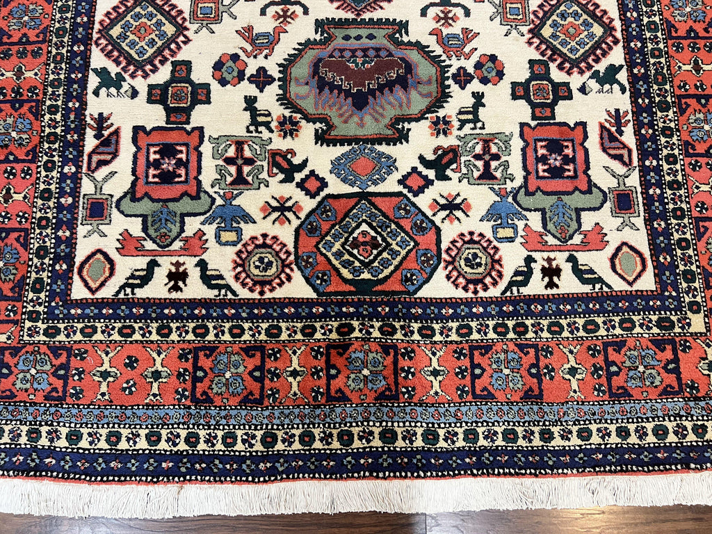 Persian Tribal Rug 8x11, Persian Ardabil Rug, Geometric Medallion Animal Pictorial Rug, Ivory Red Blue, Hand Knotted Vintage Wool Carpet