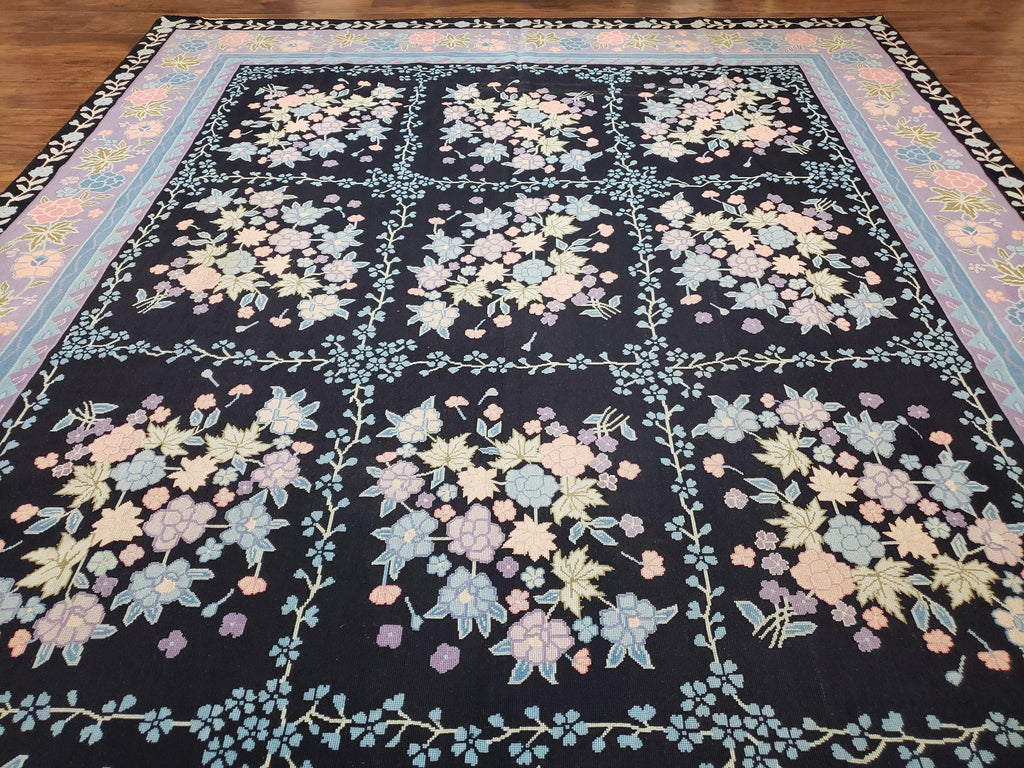 Chinese Needlepoint Rug 8 x 11.4, Hand-Woven Area Carpet, Flatweave Rug, Black Blue Light Violet Floral Garden European Design Wool Aubusson