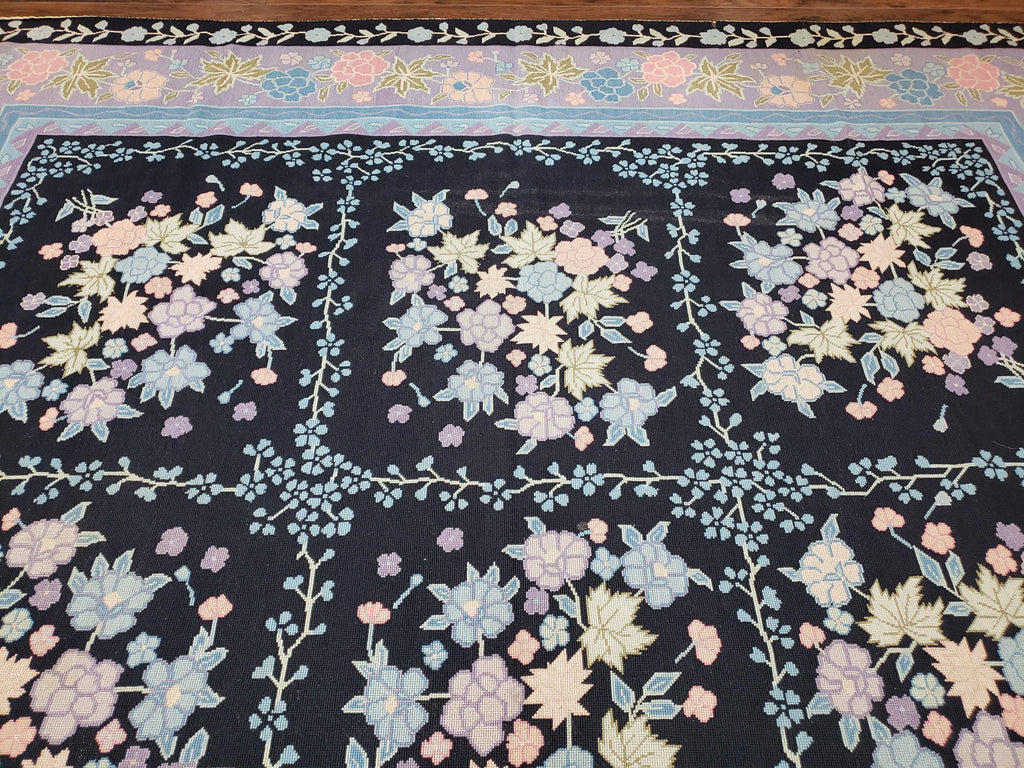 Chinese Needlepoint Rug 8 x 11.4, Hand-Woven Area Carpet, Flatweave Rug, Black Blue Light Violet Floral Garden European Design Wool Aubusson
