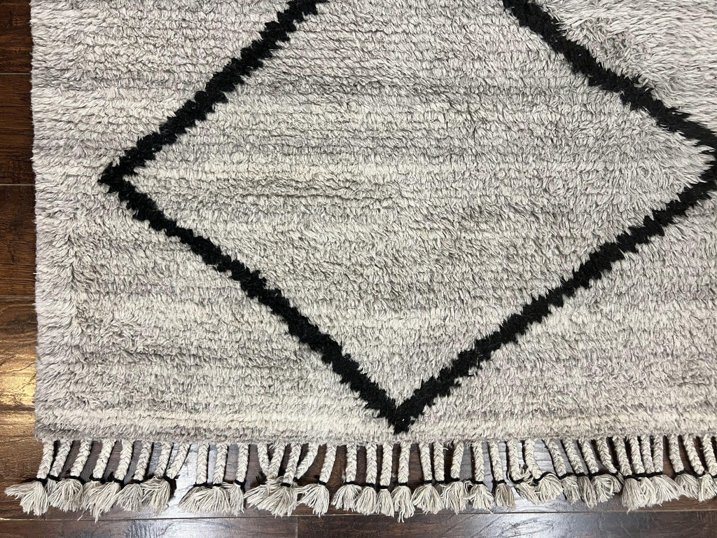 Modern Shag Rug 8x10, Gray and Black, Wool and Cotton, Lulu and Georgia, Handmade Indian Shag Rug