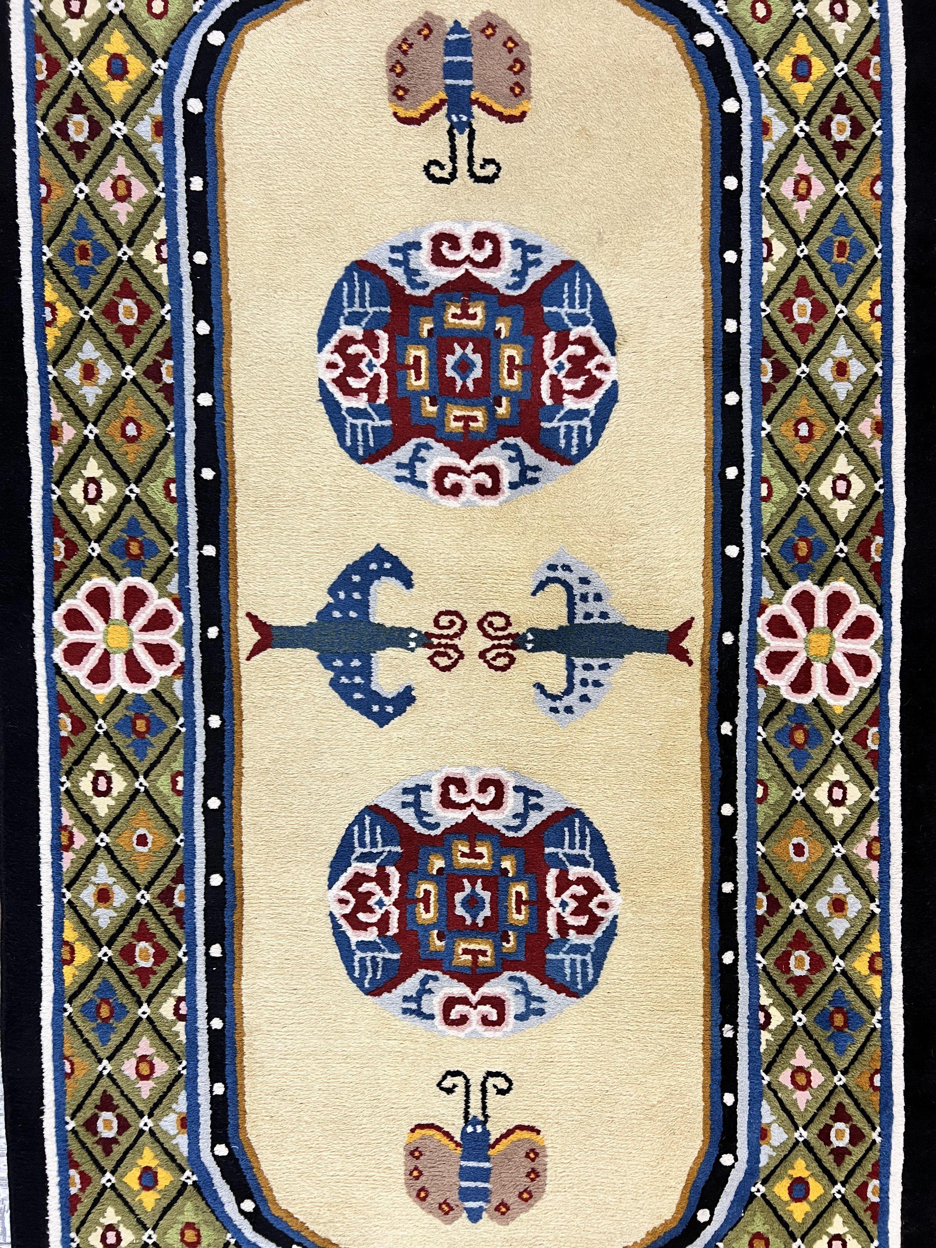Chinese Rug 3x6 ft, Chinese Wool Rug, Tiensin Rug, Handmade Wool 3 x 6 Vintage Peking Rug, Art Deco Rug, Butterflies