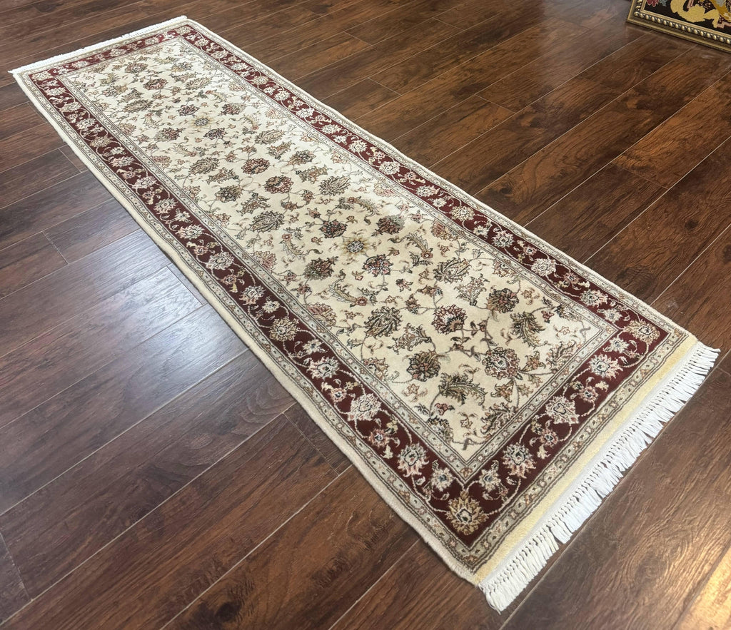 Pak Persian Runner Rug 2.8 x 8, Handmade Vintage Carpet, Beige and Maroon, Wool and Silk Highlights