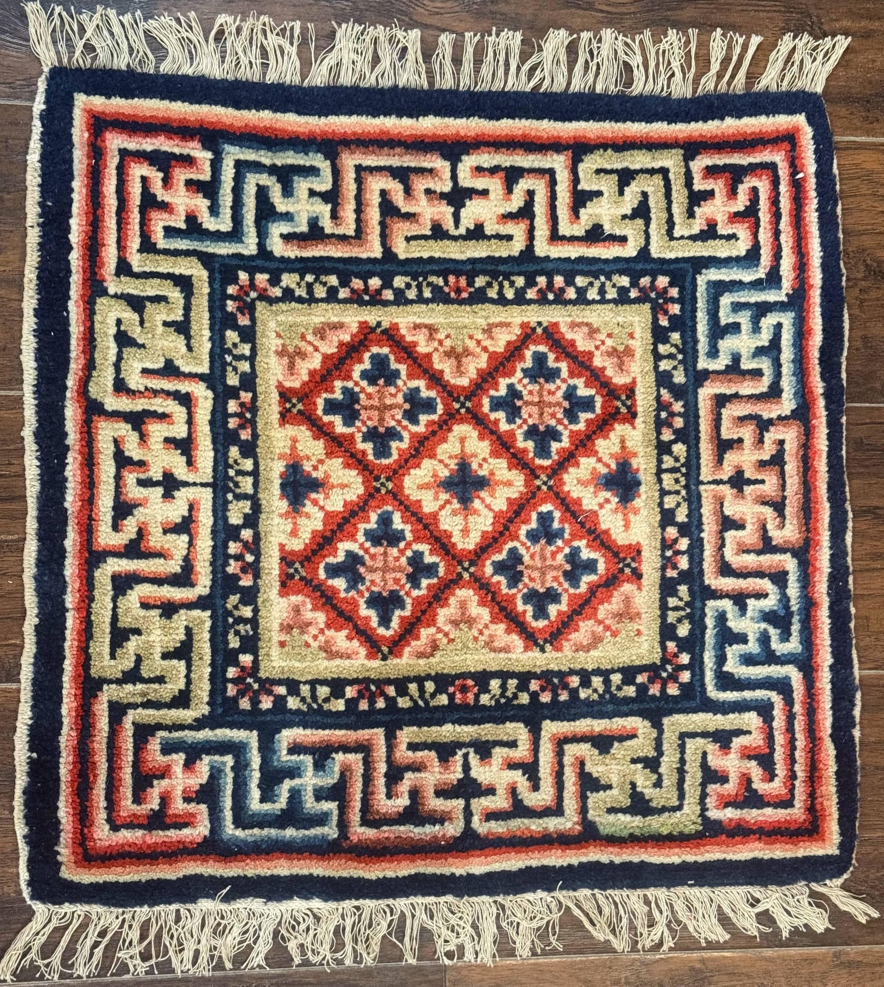 Small Antique Chinese Rug 2x2, Red Blue Square Rug Mat, Handmade, Tibetan Rug
