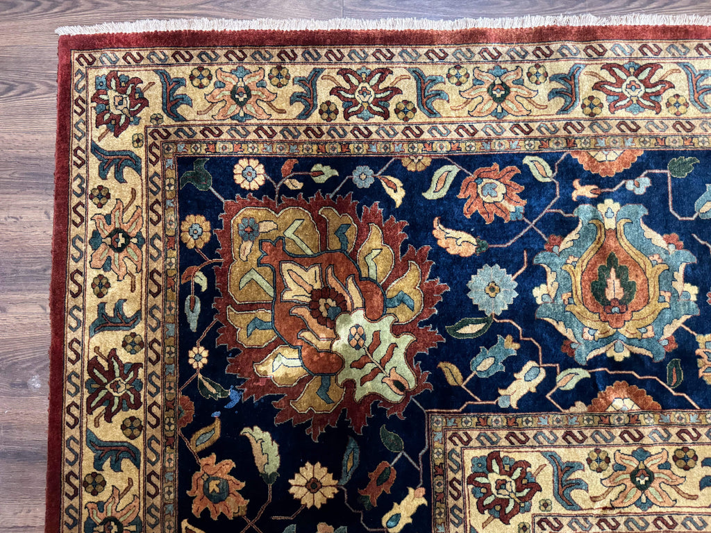 Palace Size Indo Persian Rug 12x15, Sultanabad Mahal Carpet, Red Navy Blue, Fine 210 KPSI