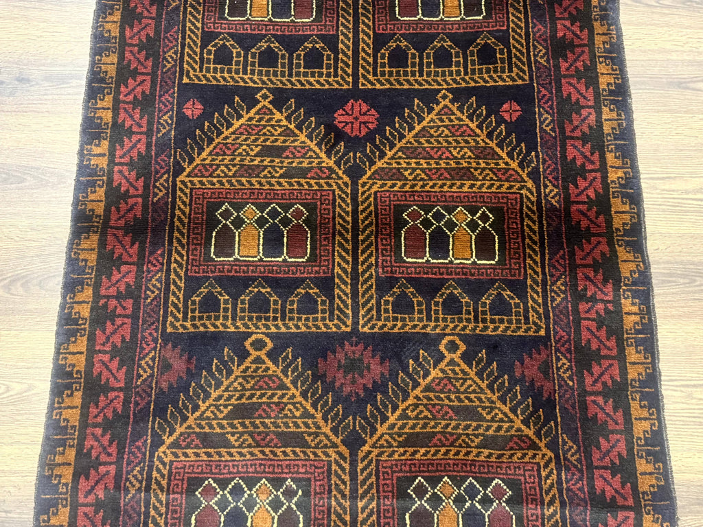 Afghan Rug 3x7, Navy Blue, Tribal Rug, Balouch Carpet, New
