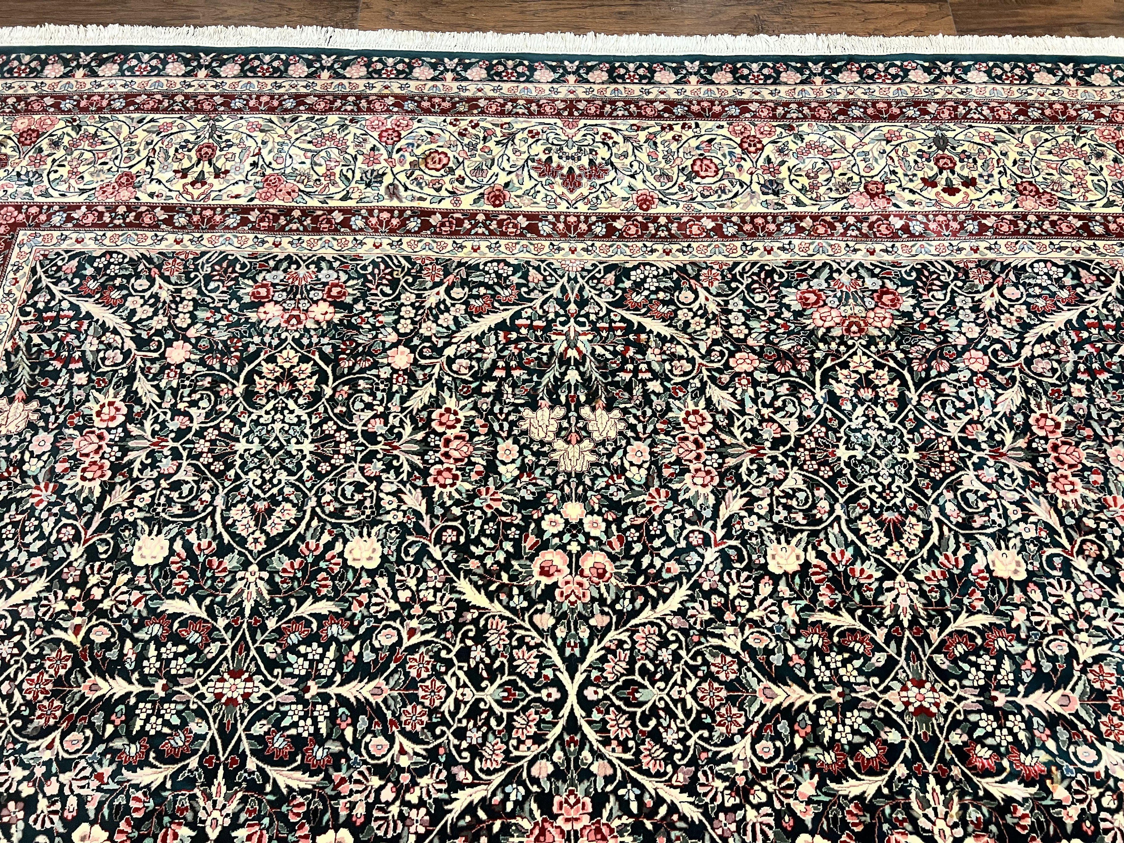 Large Sino Persian Rug 10x14, Wool Hand Knotted Vintage Carpet, Dark Green & Beige, Kirman Floral Rug, Fine Weave, Traditional, Large