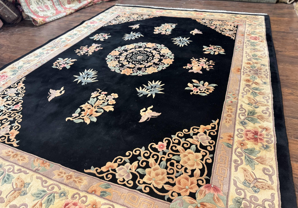 Chinese Wool Rug 9x12, Chinese Carving Carpet, Floral Medallion, Black and Beige, Butterflies, Vintage Asian Oriental Rug, 90 Line Rug
