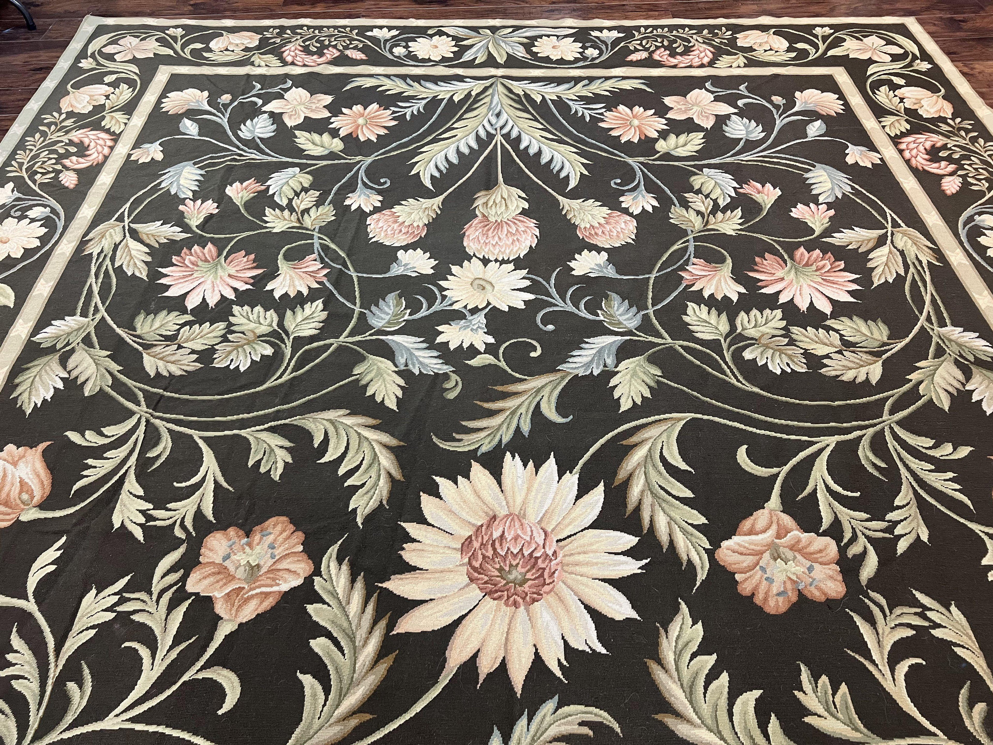 Large Needlepoint Rug 11x16, Dark Green Floral Elegant European Design Vintage Wool Handmade Carpet, Palace Size Rug