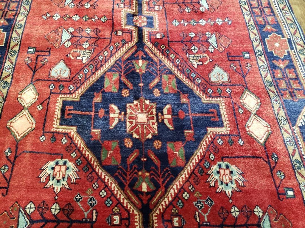 Antique Persian Zanjan Nahavand Heriz Rug, Red & Blue, Hand-Knotted, 5' x 9' 7"