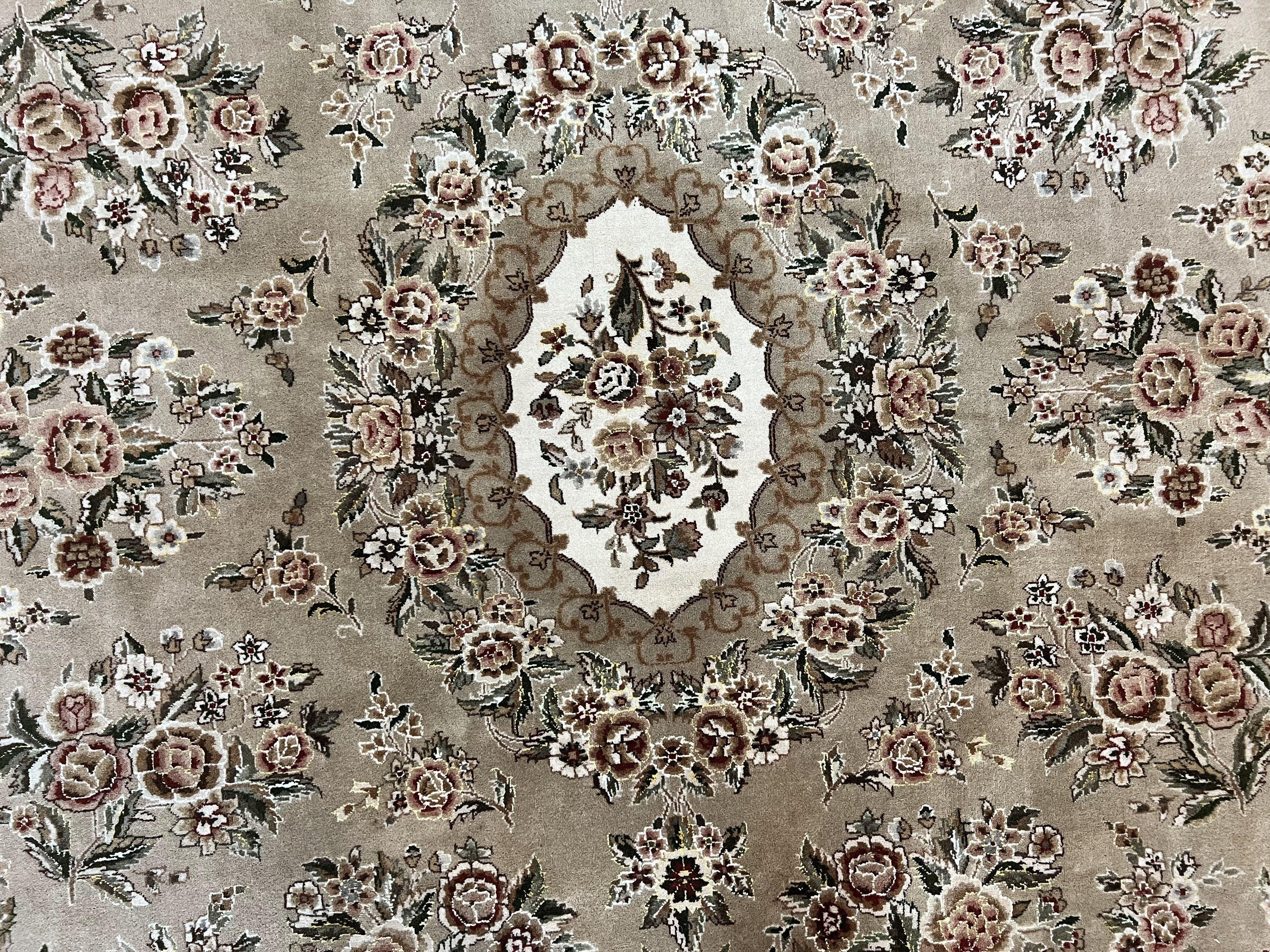 Sino Persian Rug 8x10, Soft Wool, Silk Highlights, Hand Knotted Vintage Carpet, Taupe & Ivory, Floral, Traditional Rug 8 x 10