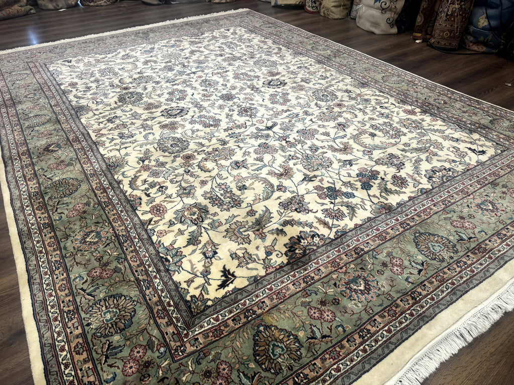 Indo Persian Rug 9x12, Allover Floral Pattern, Ivory & Green, Traditional Oriental Carpet