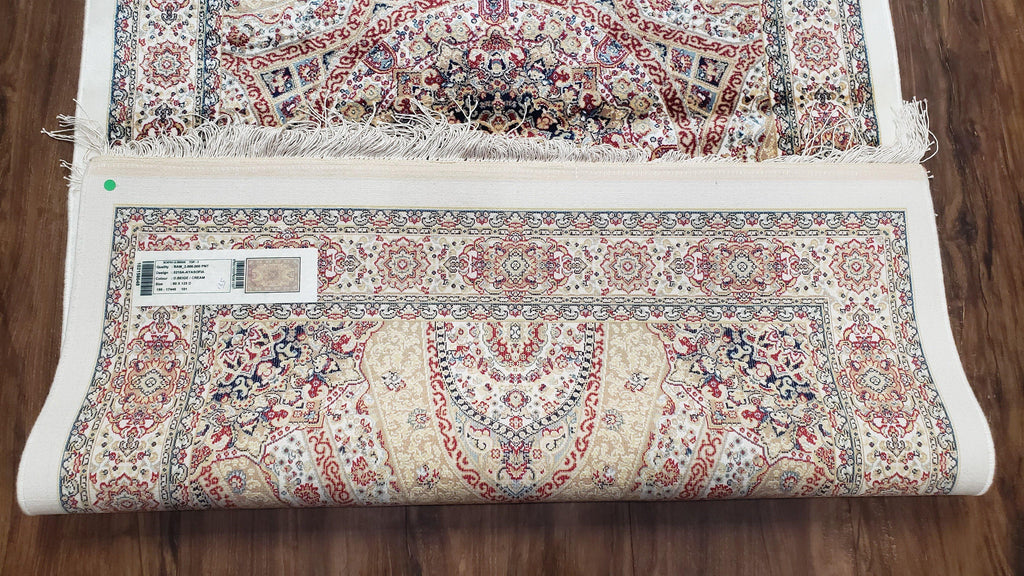 Persian Design Silk Accent Rug, Dome Medallion, Allover Pattern Oriental Carpet, Small Silk Rug, Cream, Ivory, Bamboo Silk, 2' 8" x 4' 1"