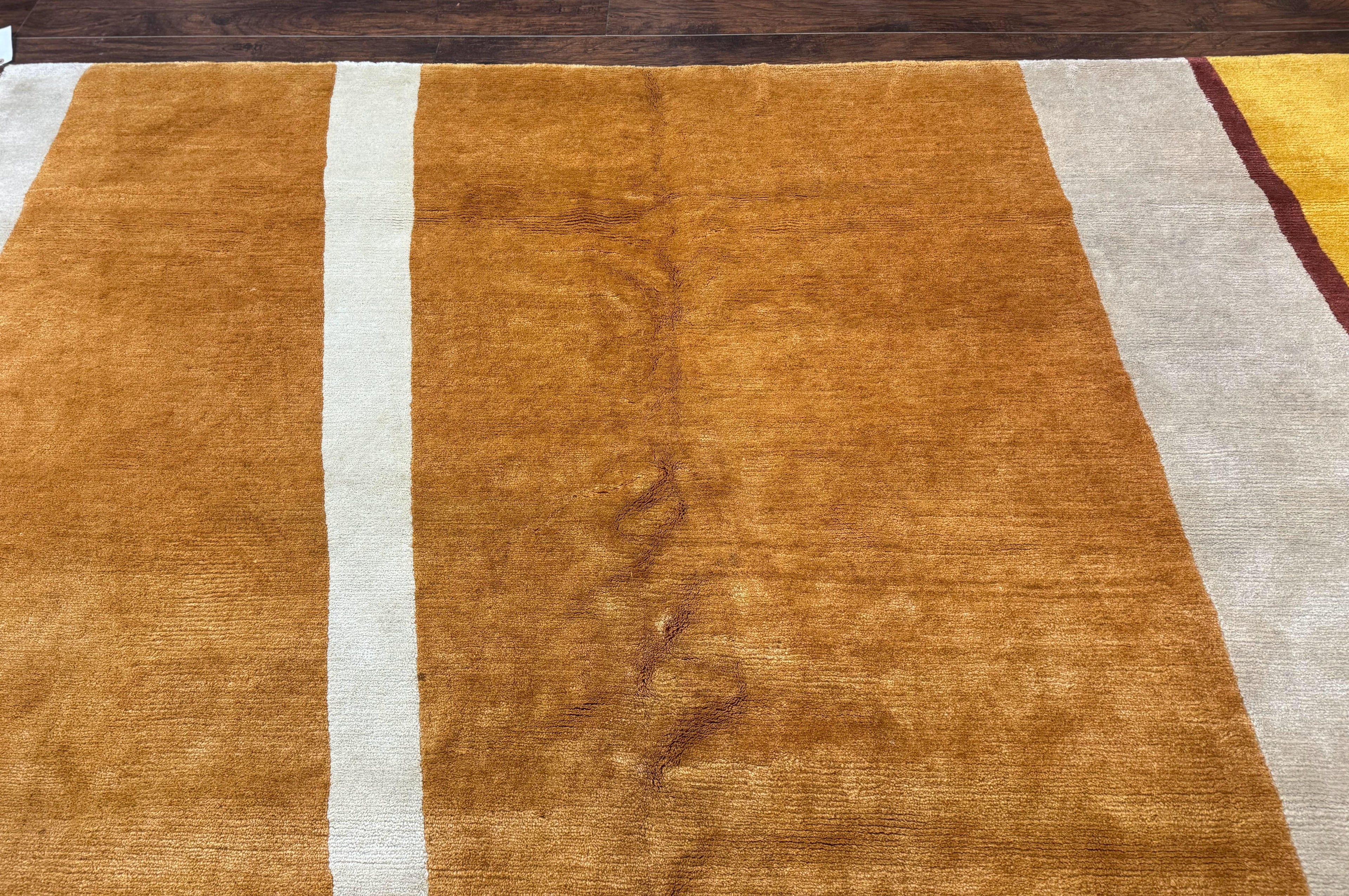 Modern Tibetan Rug 9x10, Wool Handmade Tibetan Area Rug, Abstract Multicolor