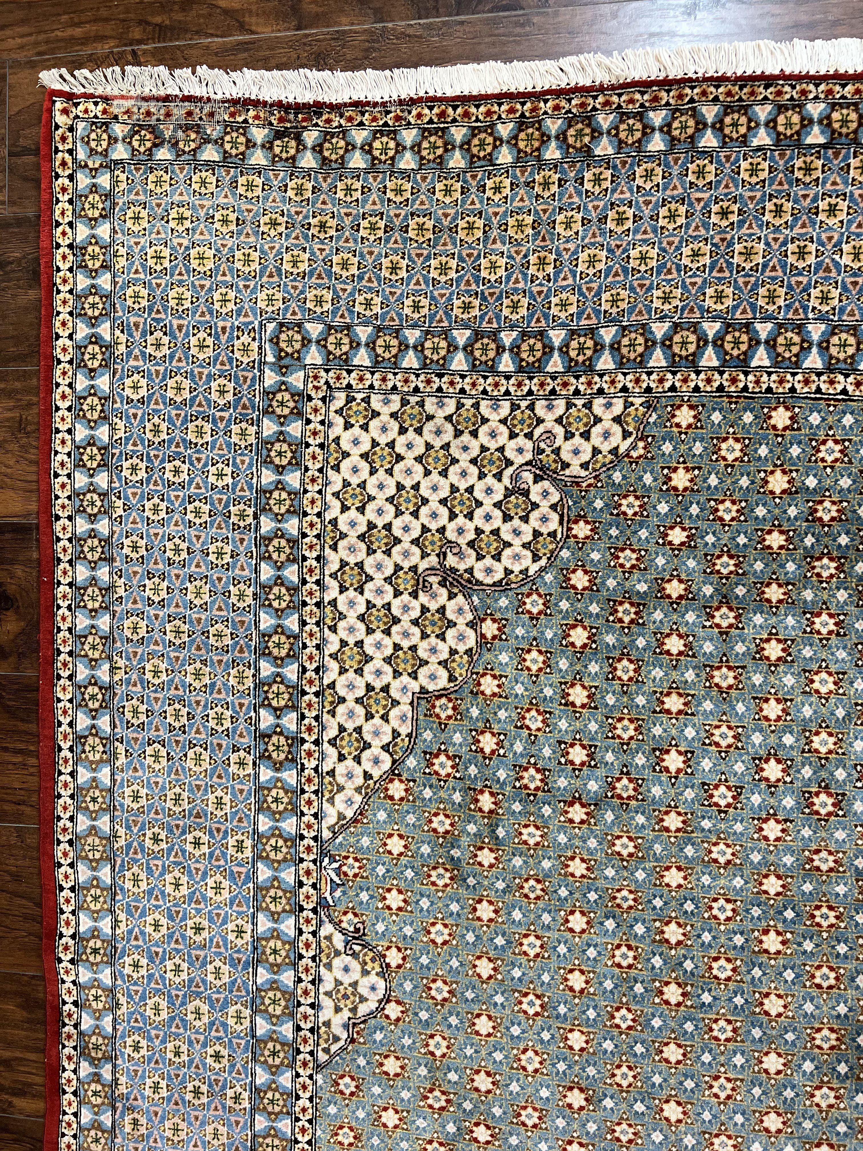 Rare Persian Rug 8x12, Qum Rug, Repeated Star Motifs, Blue and Ivory, Fine 300 KPSI, Hand Knotted Handmade Vintage Wool Rug