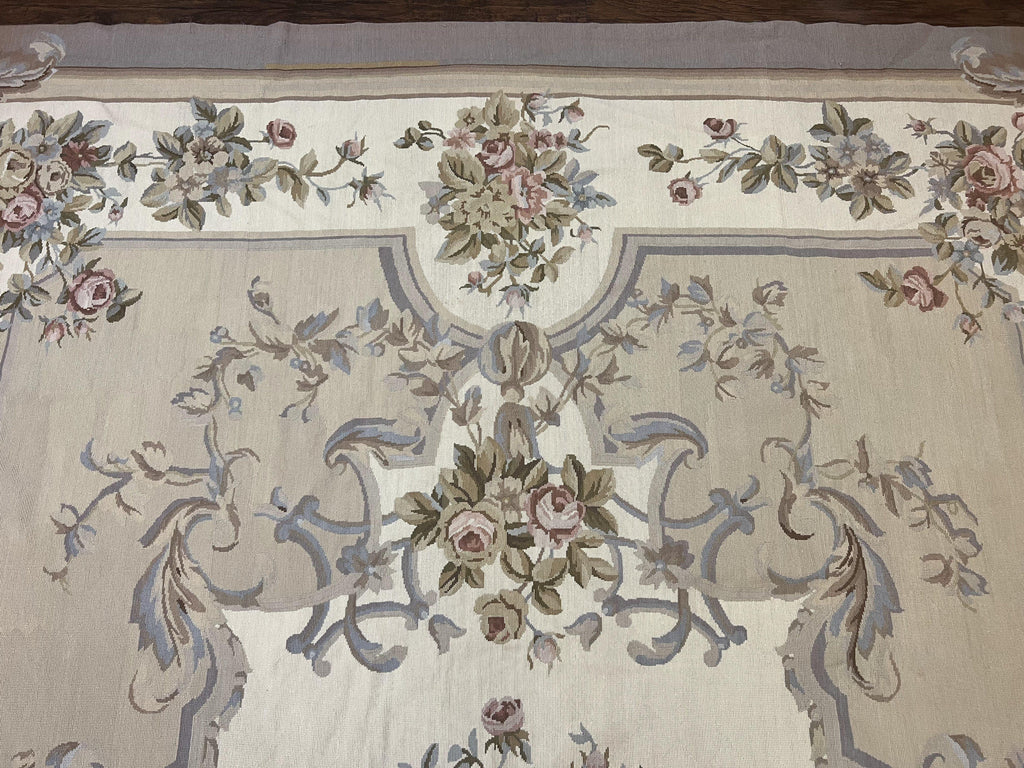 Aubusson Needlepoint Rug 9x12, VIntage Handmade Wool Beige Floral European Elegant Rug 9 x 12, Floral Roses