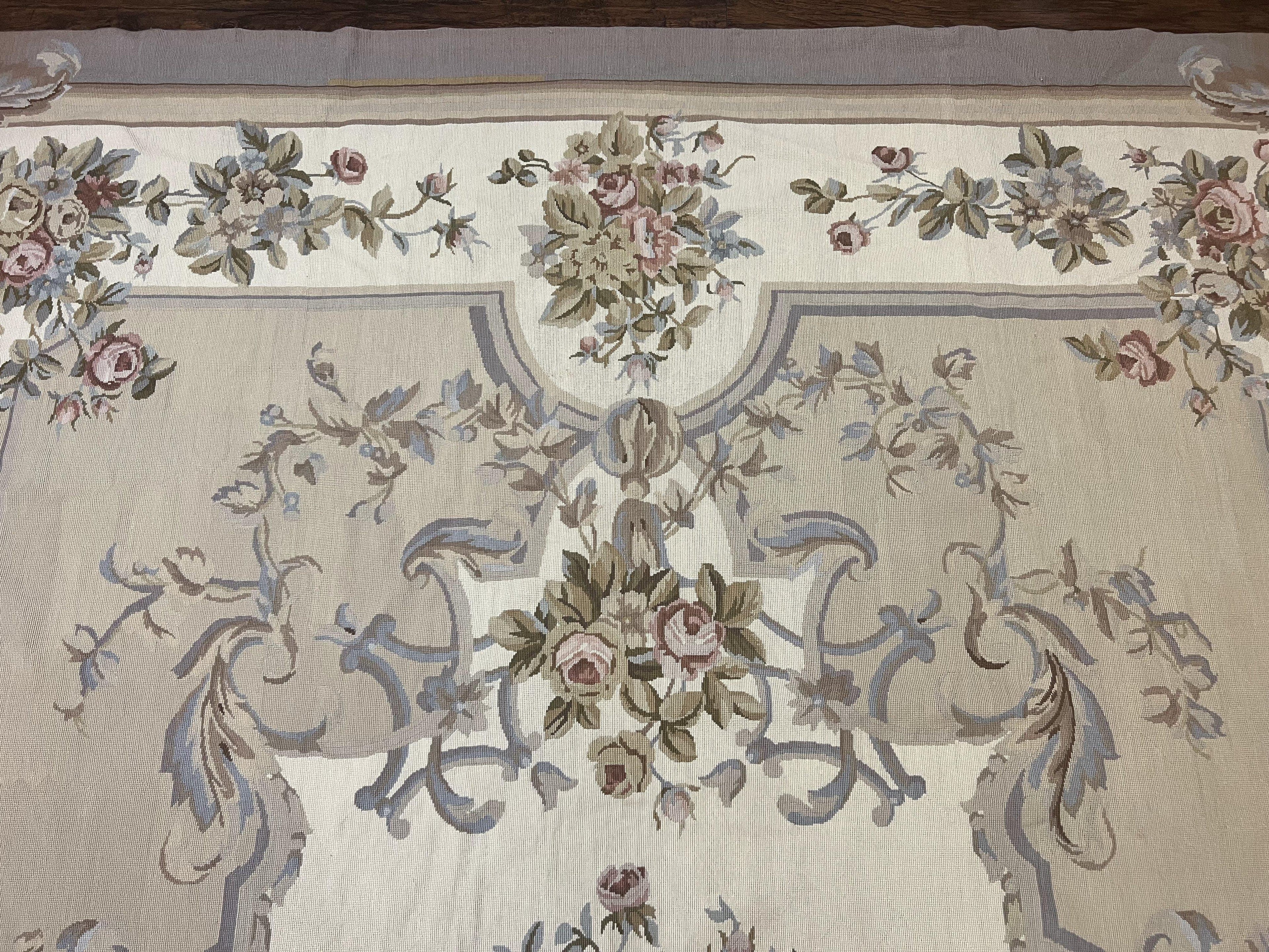 Aubusson Needlepoint Rug 9x12, VIntage Handmade Wool Beige Floral European Elegant Rug 9 x 12, Floral Roses