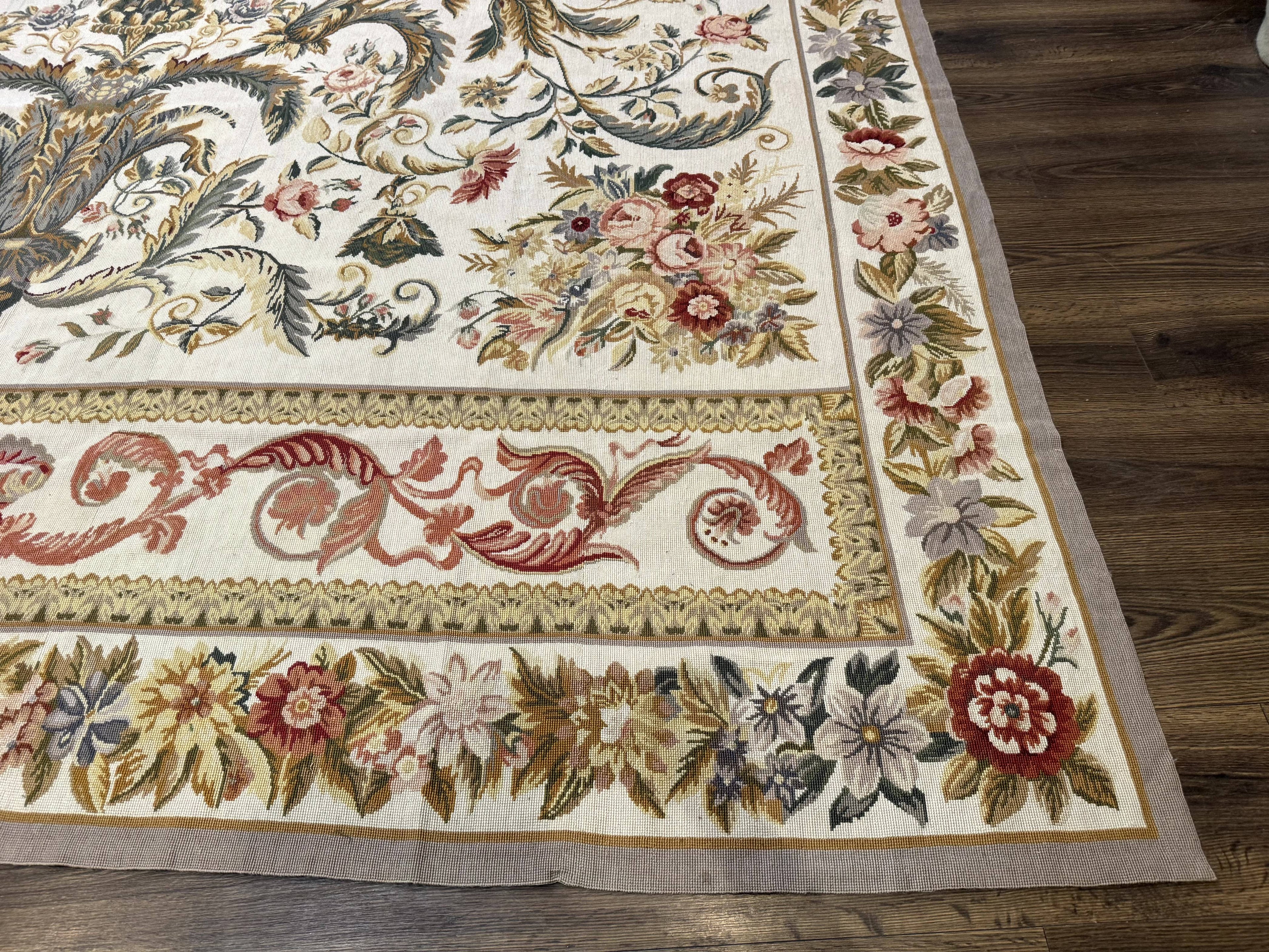 Aubusson Needlepoint Rug 10x14, Elegant European French Carpet, Vintage Carpet