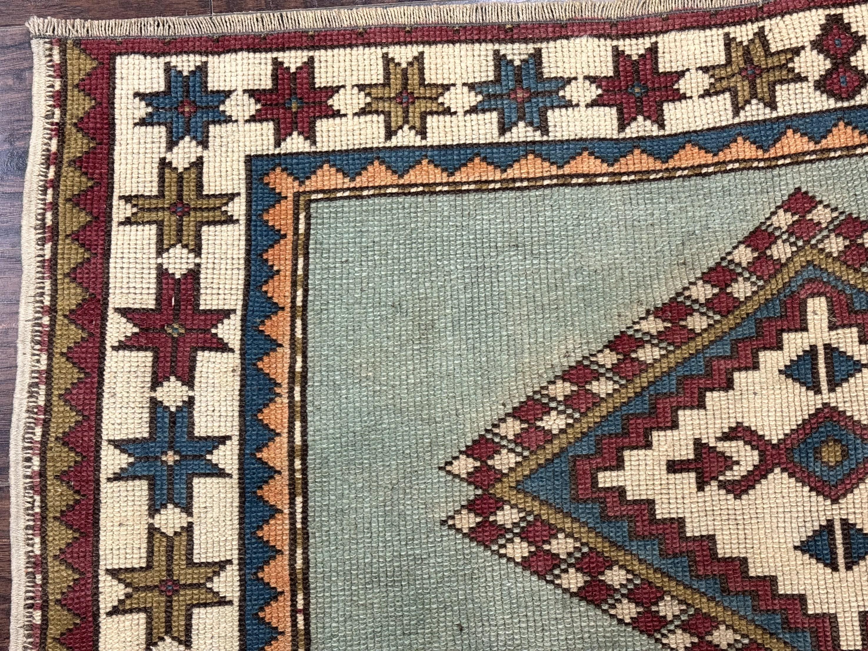 Turkish Kazak Rug 4x6, Geometric Medallion, Caucasian Design Rug, Semi Antique Vintage, Mint Green Maroon Ivory