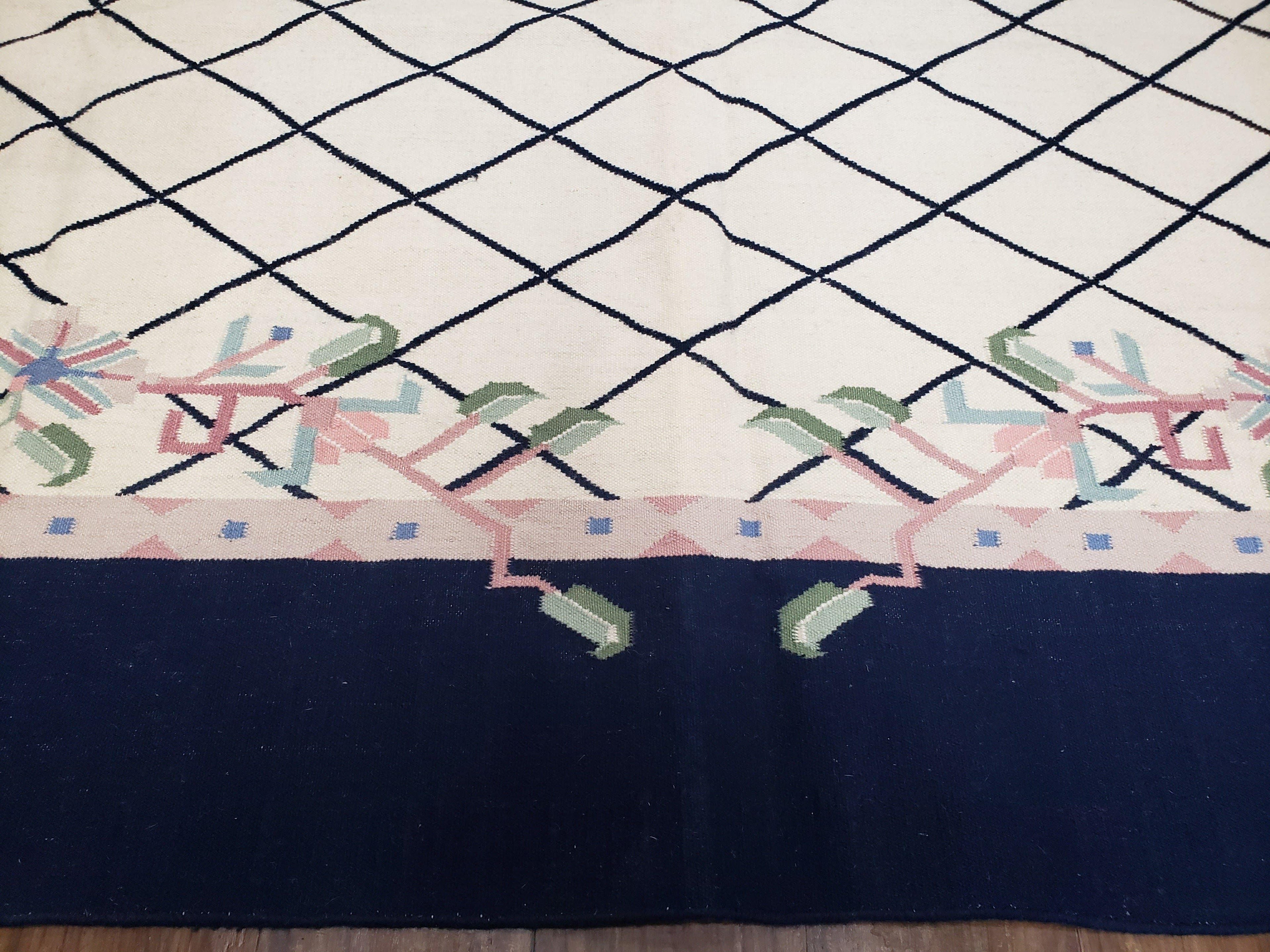 Vintage Dhurrie Rug, Indian Dhurrie 8x11 - 9x11, Wool Hand-Woven Ivory & Black Indo Carpet, Large Flat Weave Rug Living Room Rug Black White