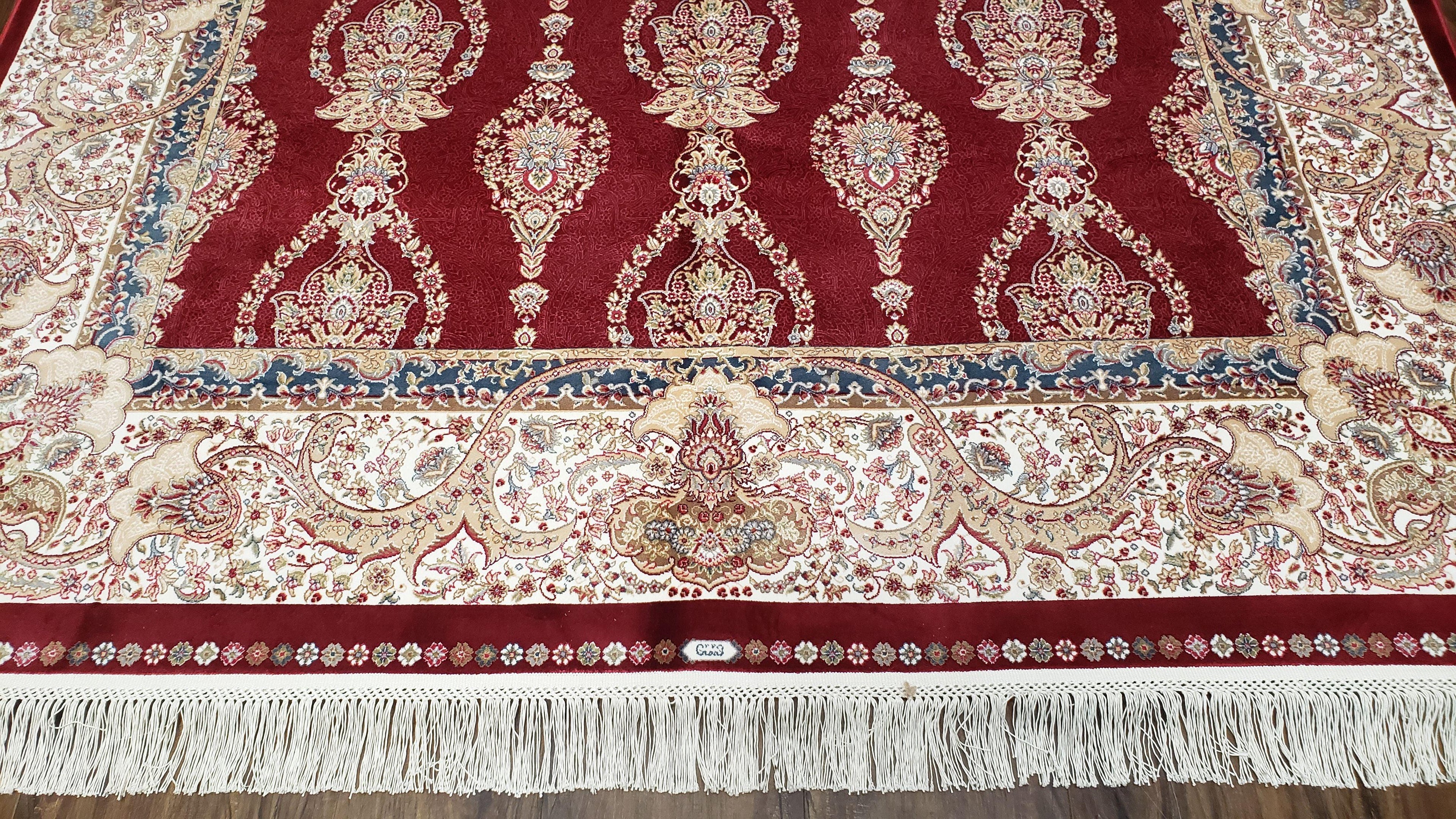 Dark Red Silk Carpet 5.3 x 7.6 ft, 5x8 Silk Rug, New Turkish Silk Carpet, Mint Condition, Beige & Red Area Rug, Bamboo Silk, High Quality