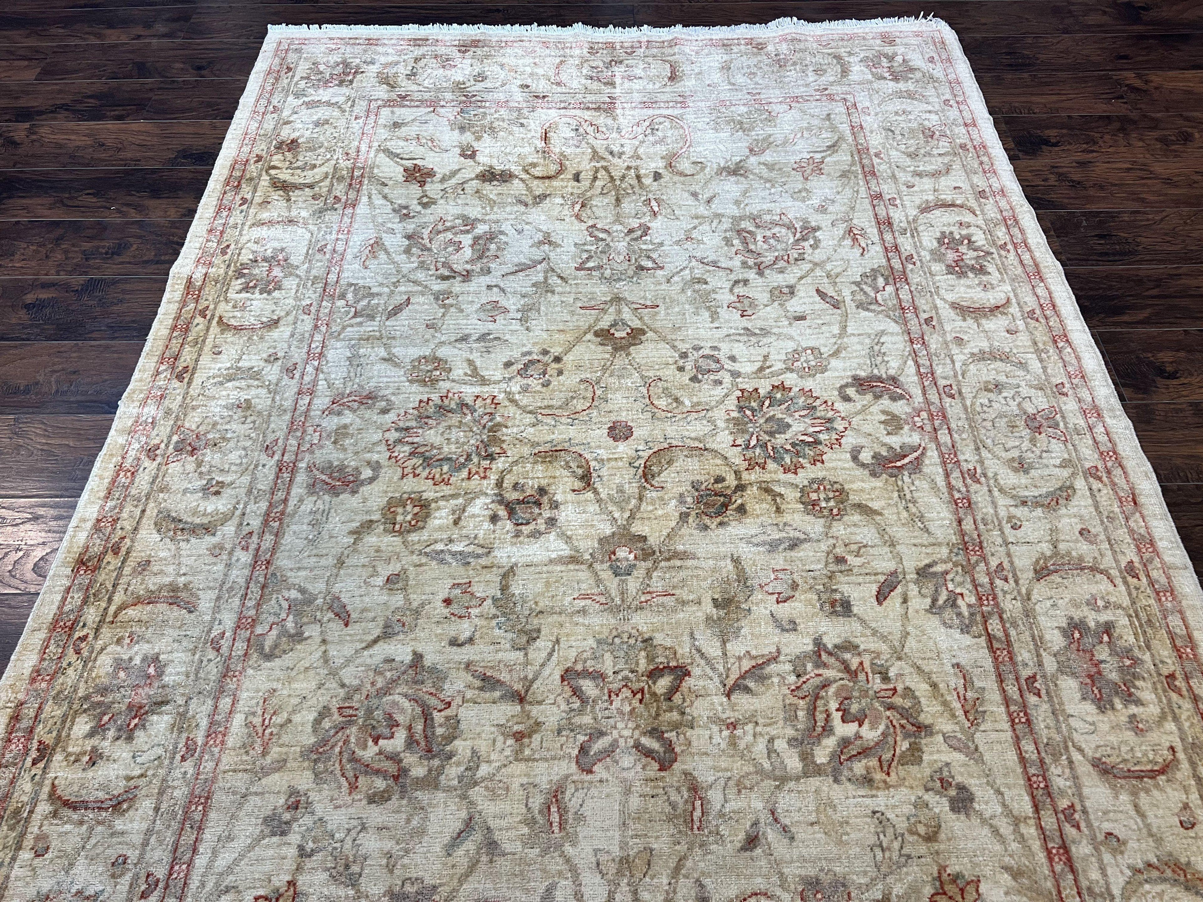 Peshawar Rug 6 x 9.6, Pakistani Chobi Carpet, Neutral Colors, Vintage Rug for Modern Home, Handmade Wool Rug, Beige