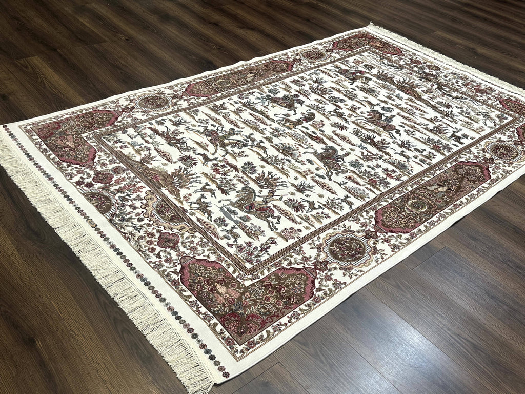 Turkish Silk Rug 5x8, Ivory, Hunting Design, Animal Pictorials, Bamboo Silk