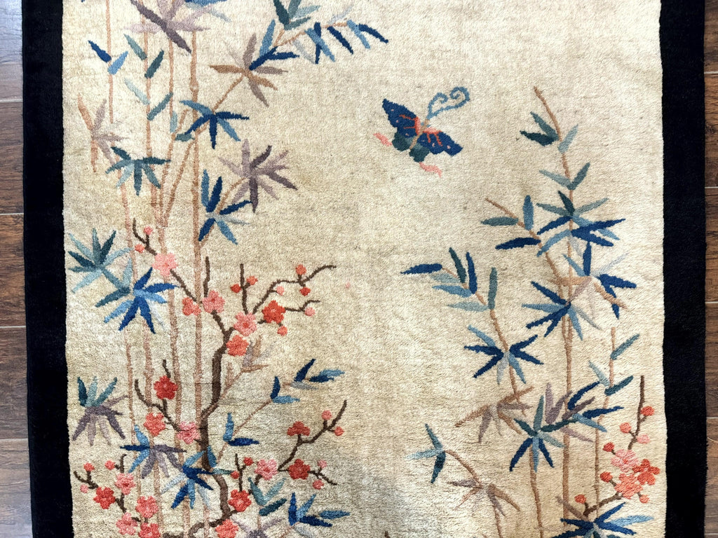 Antique Chinese Oval Rug 3.9 x 6.7, Floral, Butterflies, Chinese Wool Art Deco Peking Carpet, Beige, Handmade