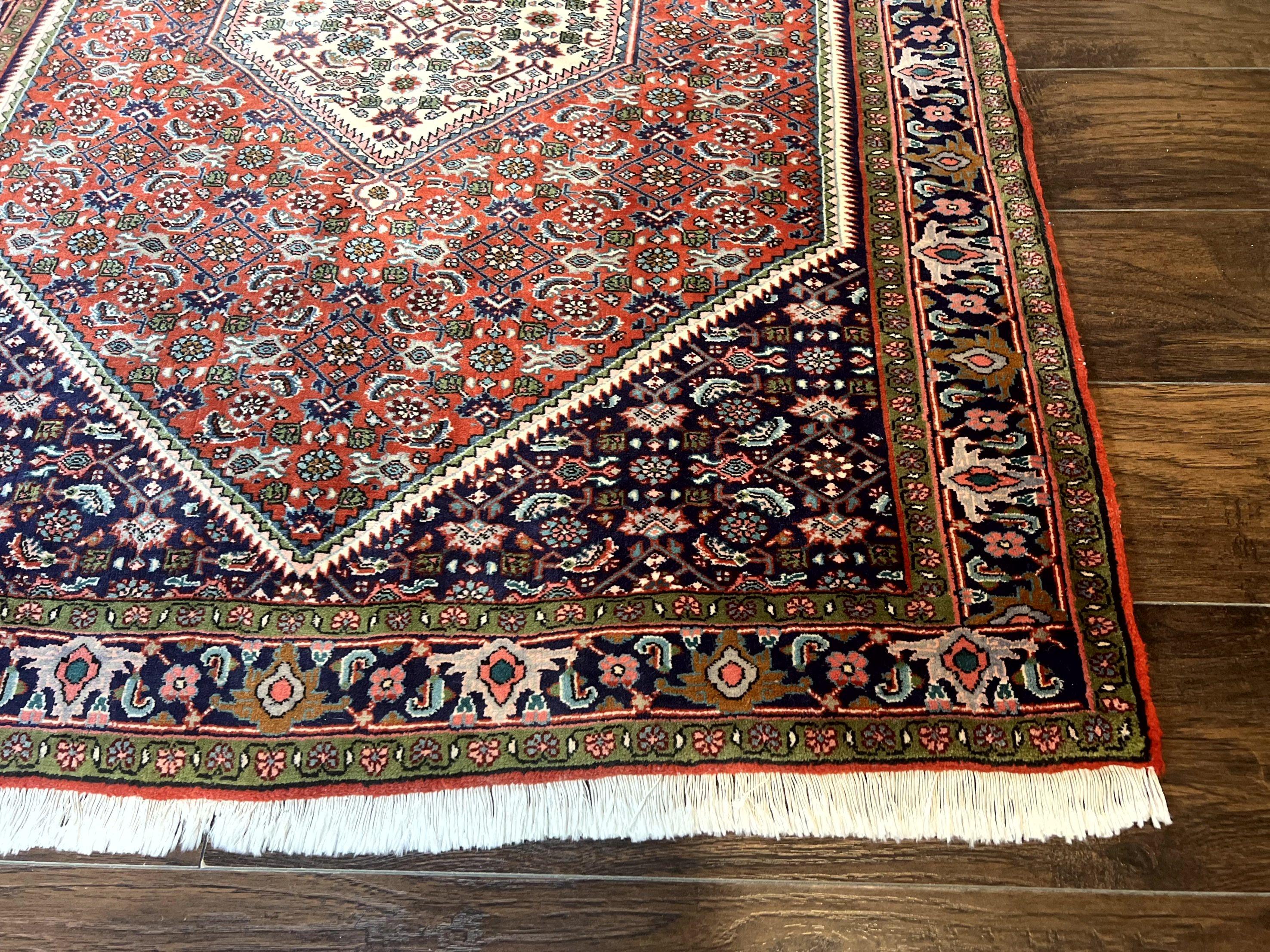 Persian Bidjar Rug 4x5, Finely Hand Knotted Vintage Carpet, Red and Navy Blue, Handmade Wool Rug, 180 KPSI