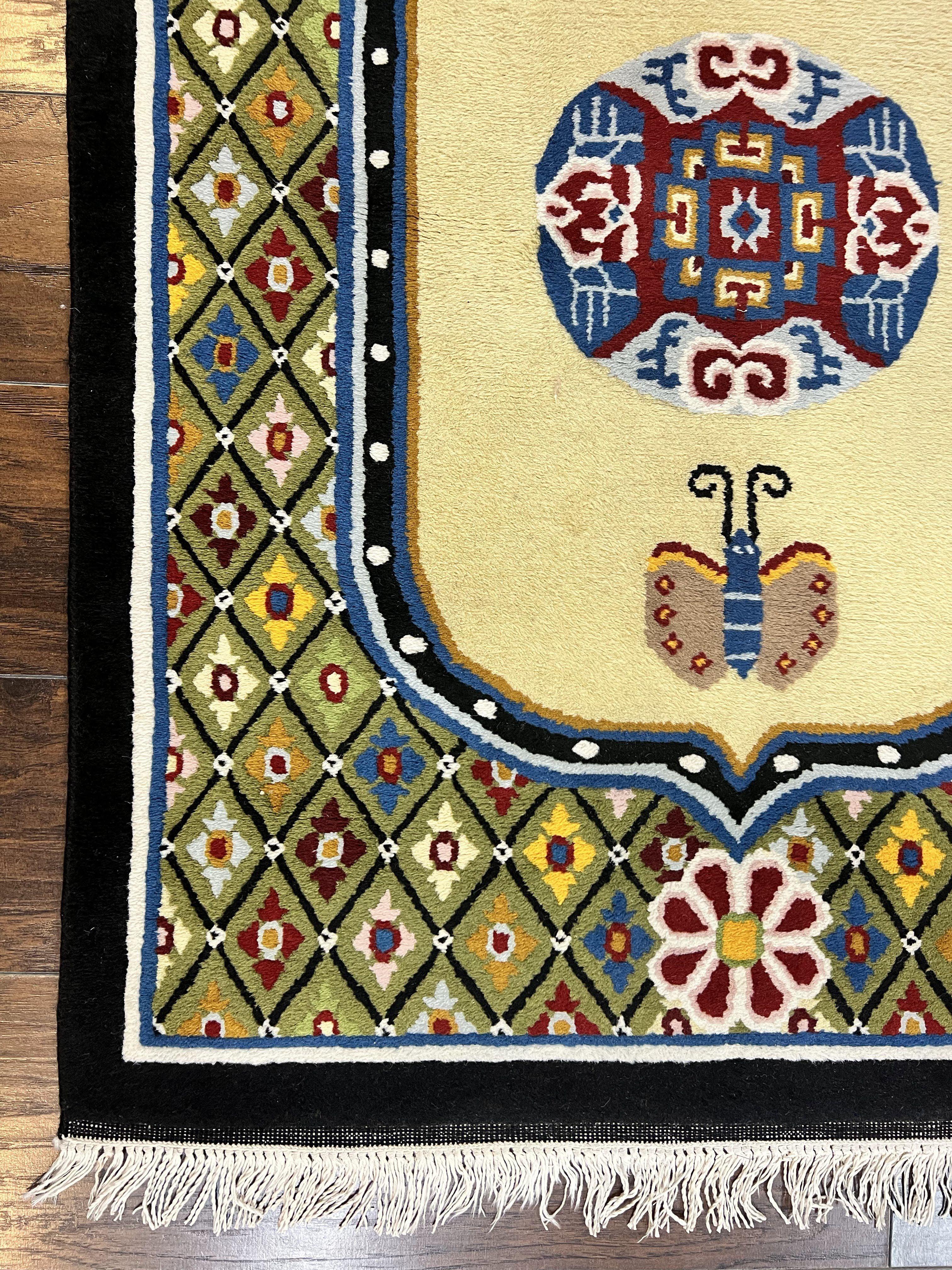 Chinese Rug 3x6 ft, Chinese Wool Rug, Tiensin Rug, Handmade Wool 3 x 6 Vintage Peking Rug, Art Deco Rug, Butterflies